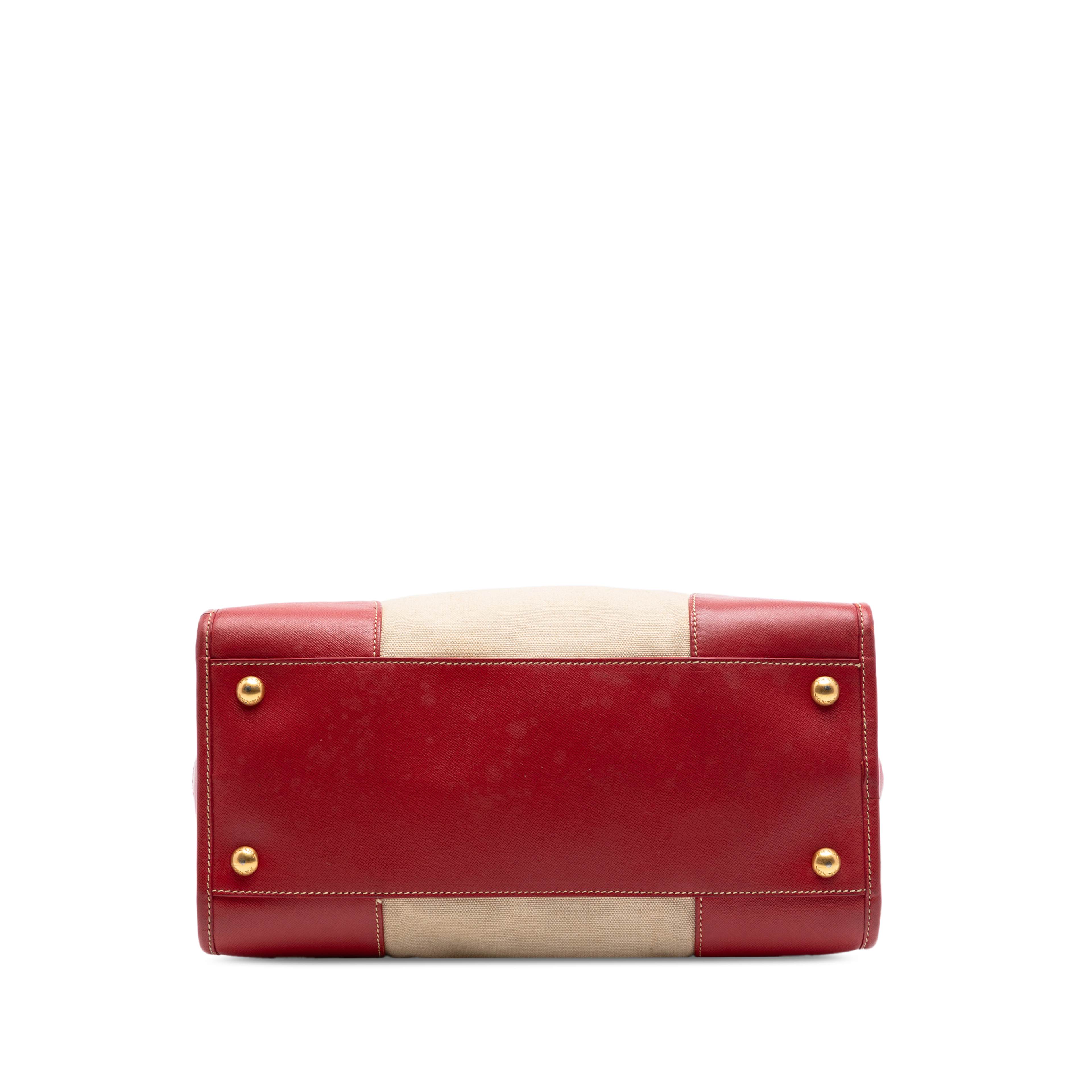 Prada Saffiano Trimmed Canvas Canapa Satchel, från Luxclusif, i färgen röd. Klicka för att öppna bilden i stort format