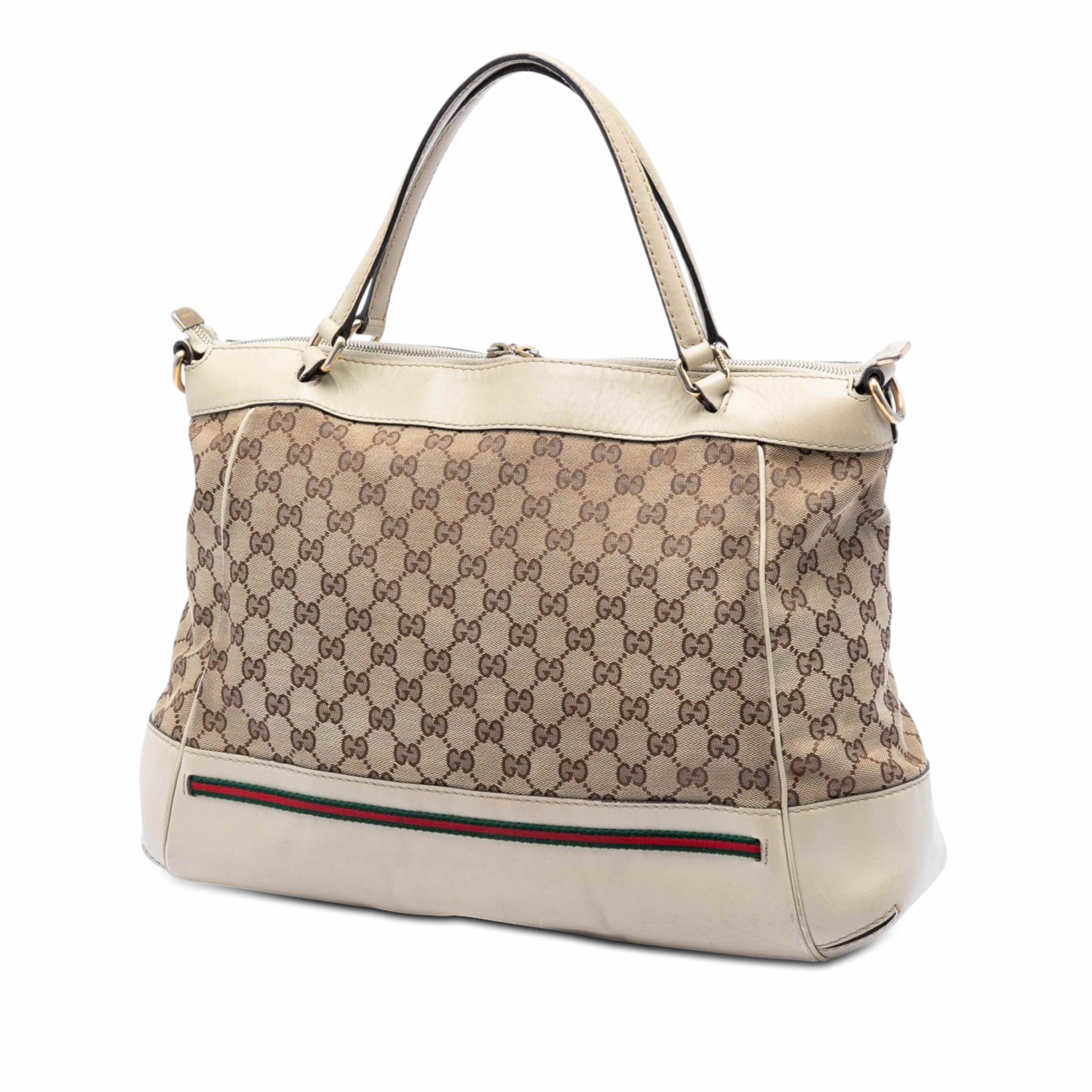 Gucci Gg Canvas Web Mayfair Satchel, från Luxclusif, i färgen beige. Klicka för att öppna bilden i stort format