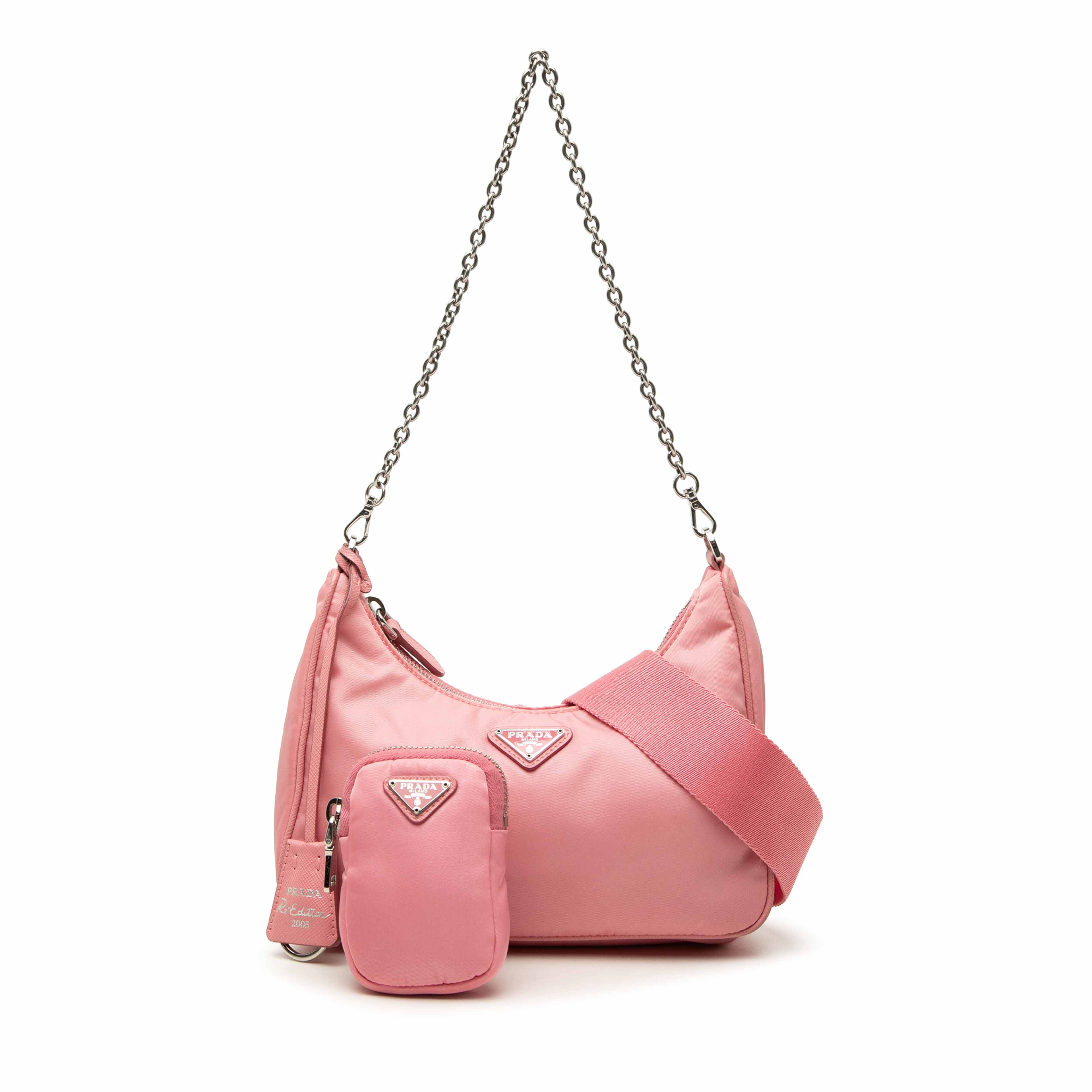Prada Saffiano Trimmed Tessuto Re Edition 2005 Satchel, från Luxclusif, i färgen rosa. Klicka för att öppna bilden i stort format