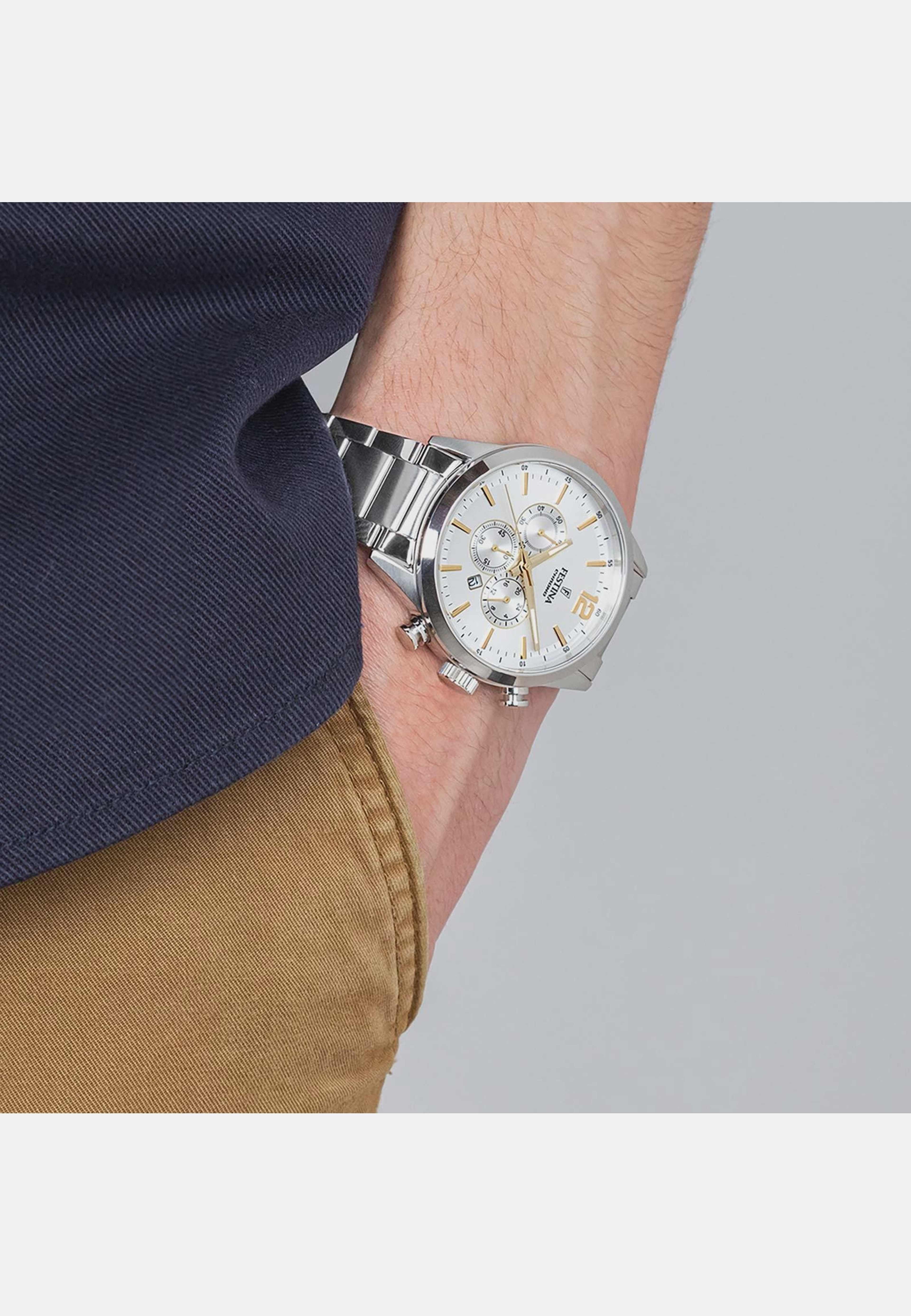 Festina Timeless Chrono Herrklocka Vit/stl, Metallband - F20343/1, från Festina, i färgen silver. Klicka för att öppna bilden i stort format