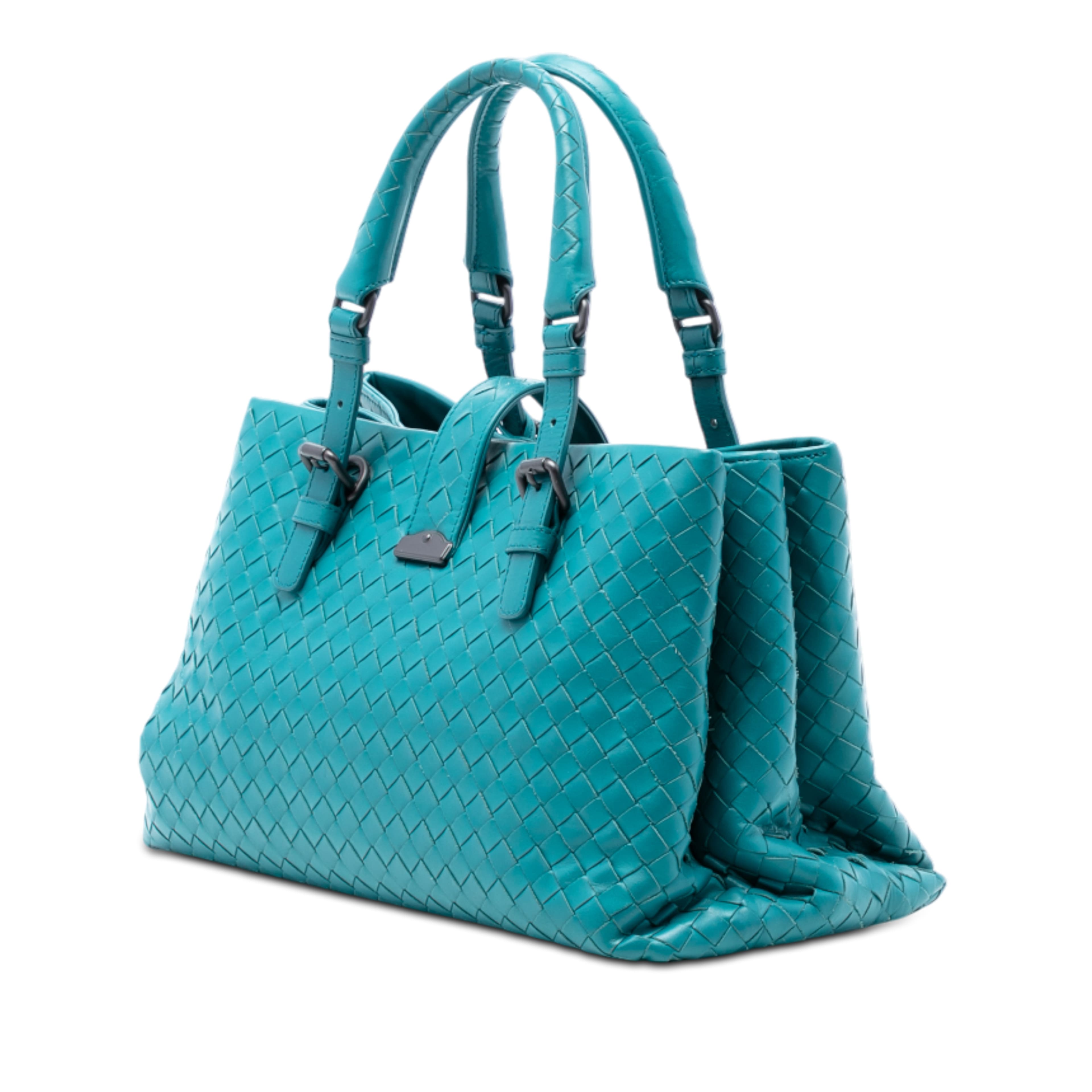 Bottega Veneta Small Nappa Intrecciato Roma Satchel, från Luxclusif, i färgen turquoise. Klicka för att öppna bilden i stort format