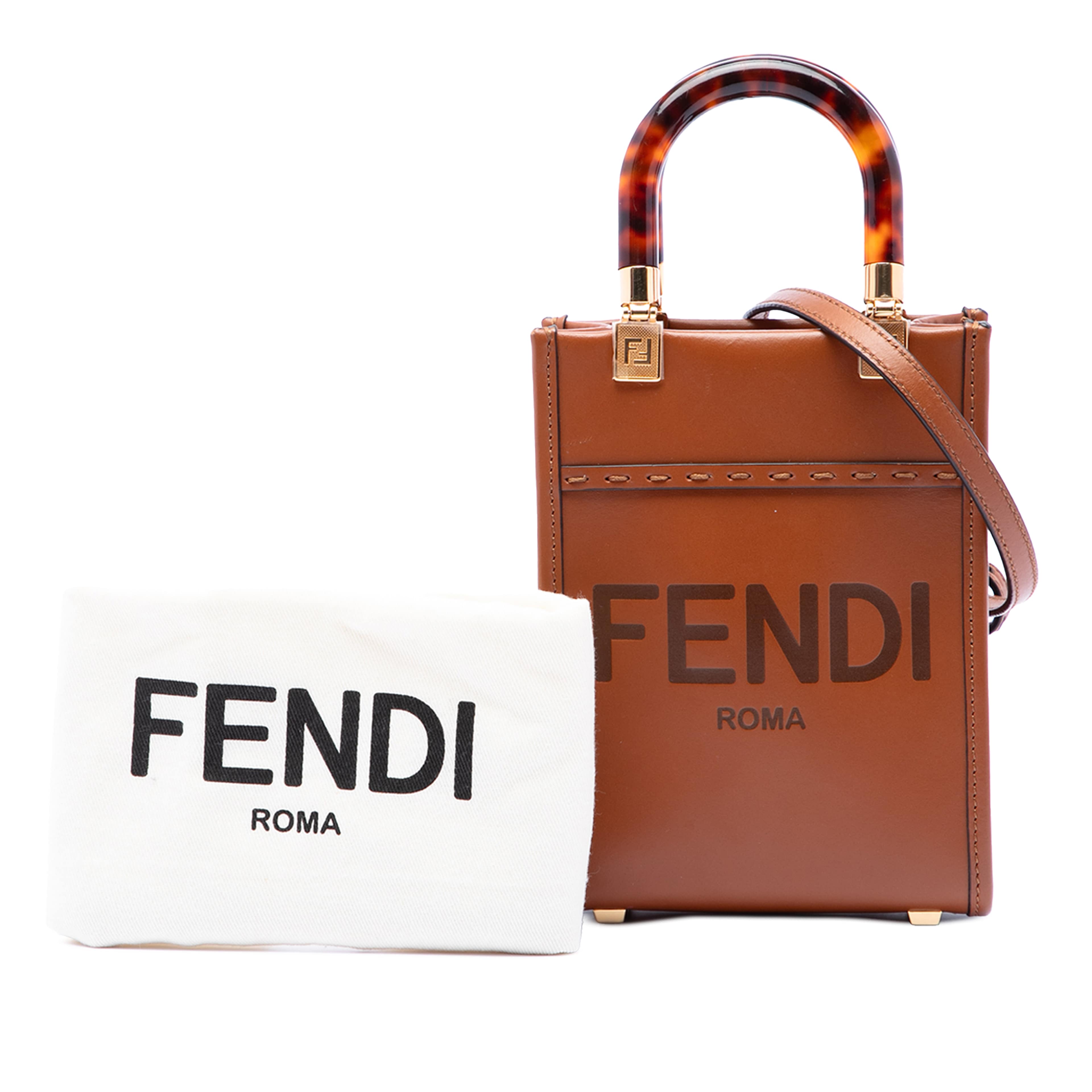 Fendi Mini Leather Sunshine Shopper Tote, från Luxclusif, i färgen brun. Klicka för att öppna bilden i stort format