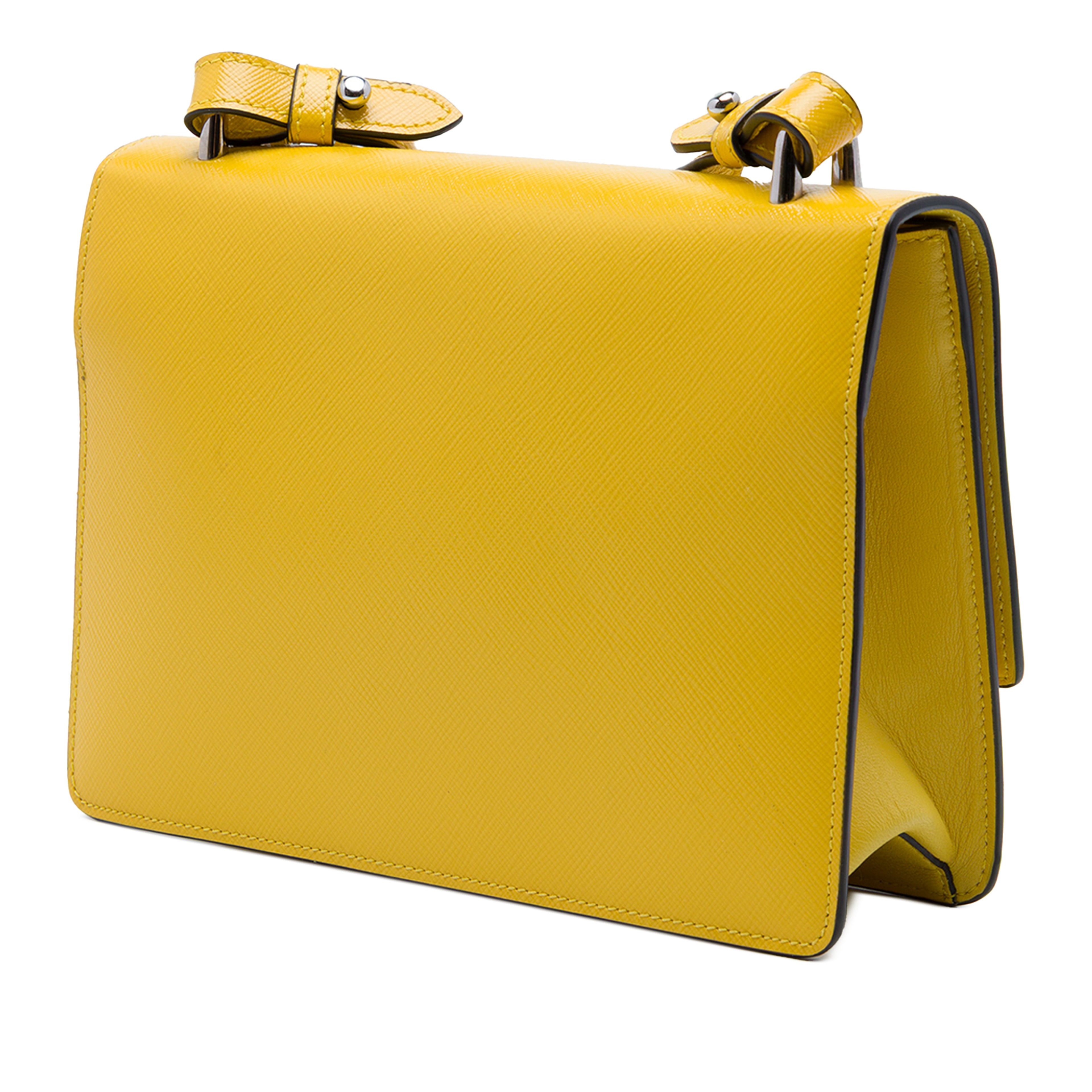 Prada Saffiano Lux Sound Lock Crossbody, från Luxclusif, i färgen gul. Klicka för att öppna bilden i stort format