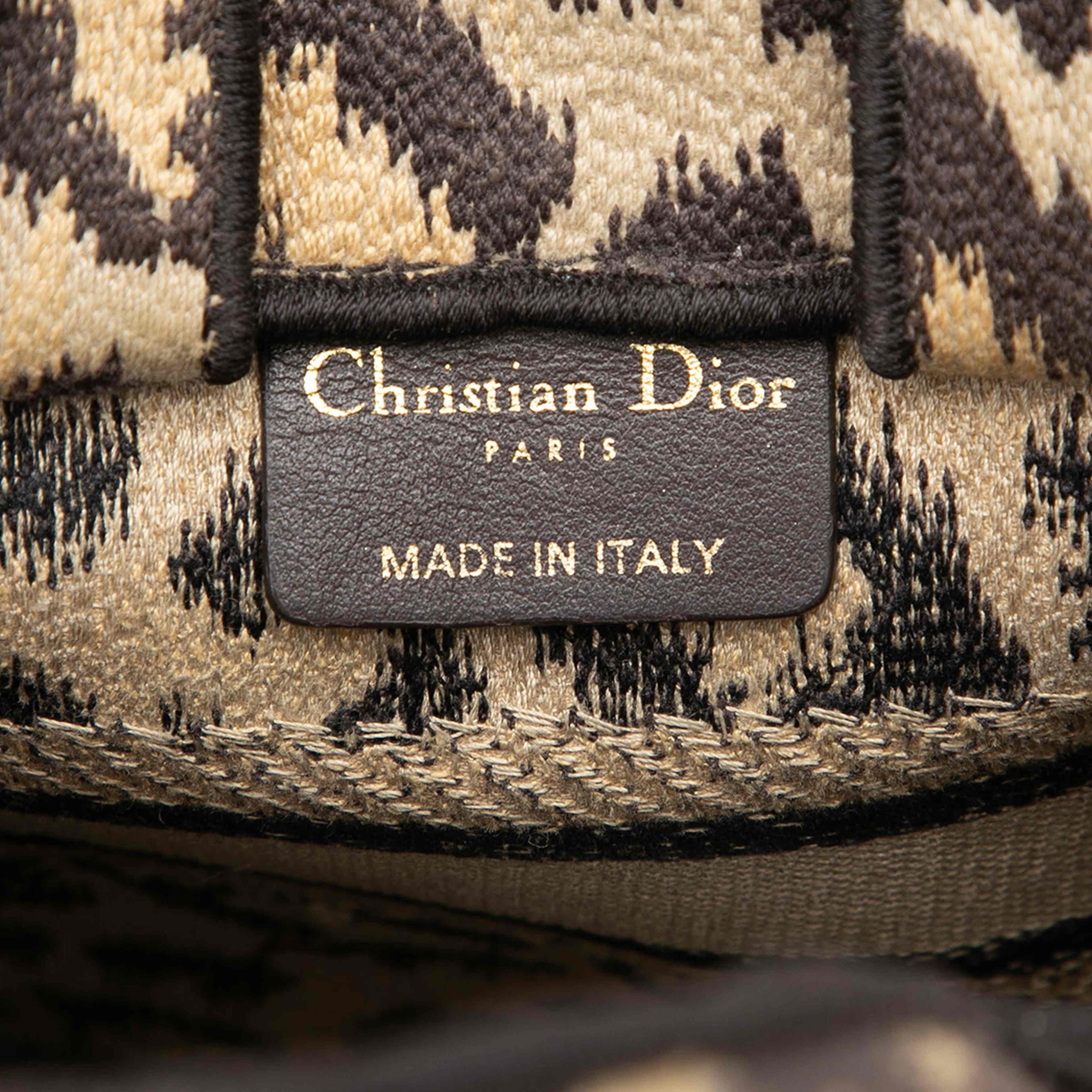 Dior Mizza Mini Embroidered Canvas Leopard Vertical Book Tote, från Luxclusif, i färgen beige. Klicka för att öppna bilden i stort format
