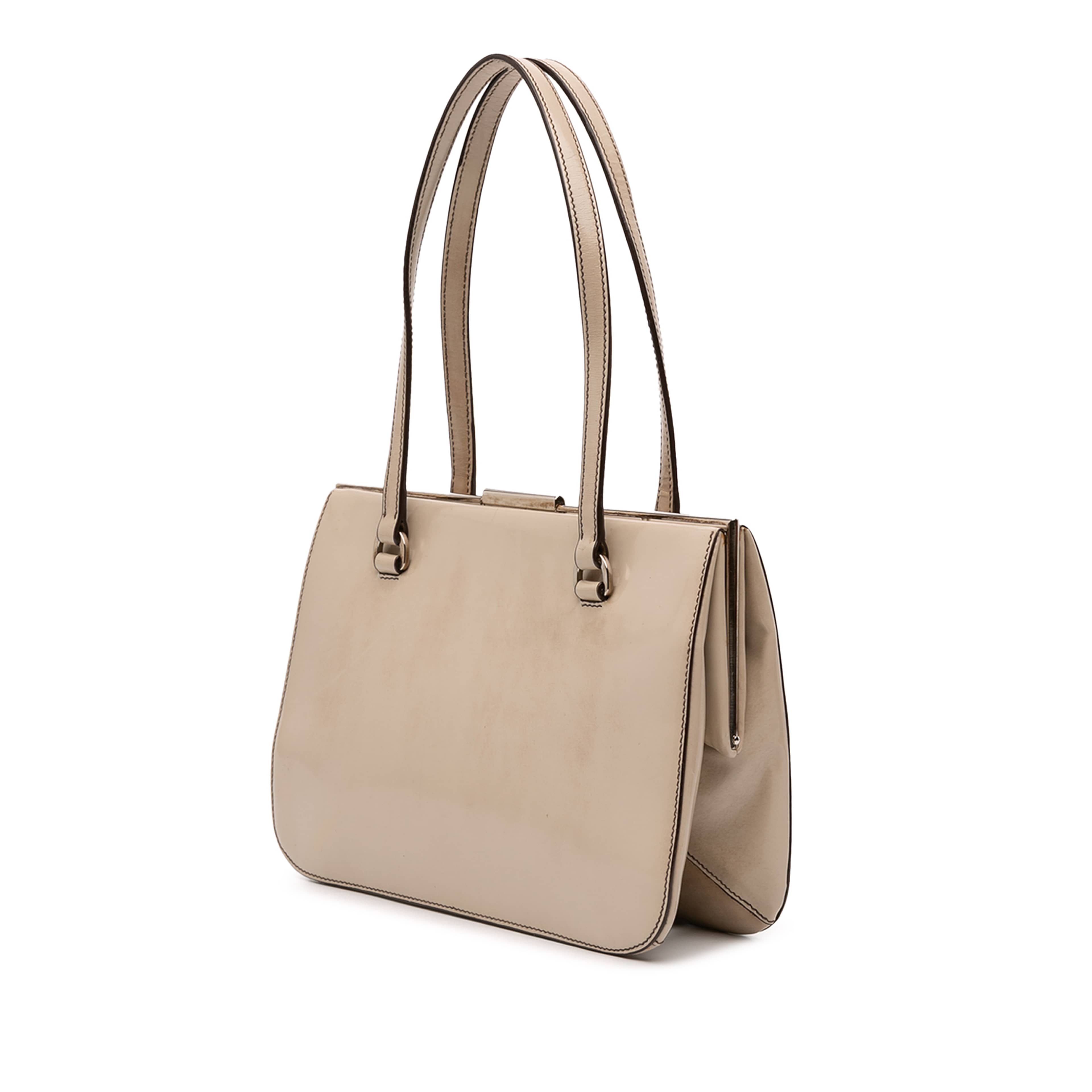 Prada Spazzolato Logo Frame Shoulder Bag, från Luxclusif, i färgen beige. Klicka för att öppna bilden i stort format