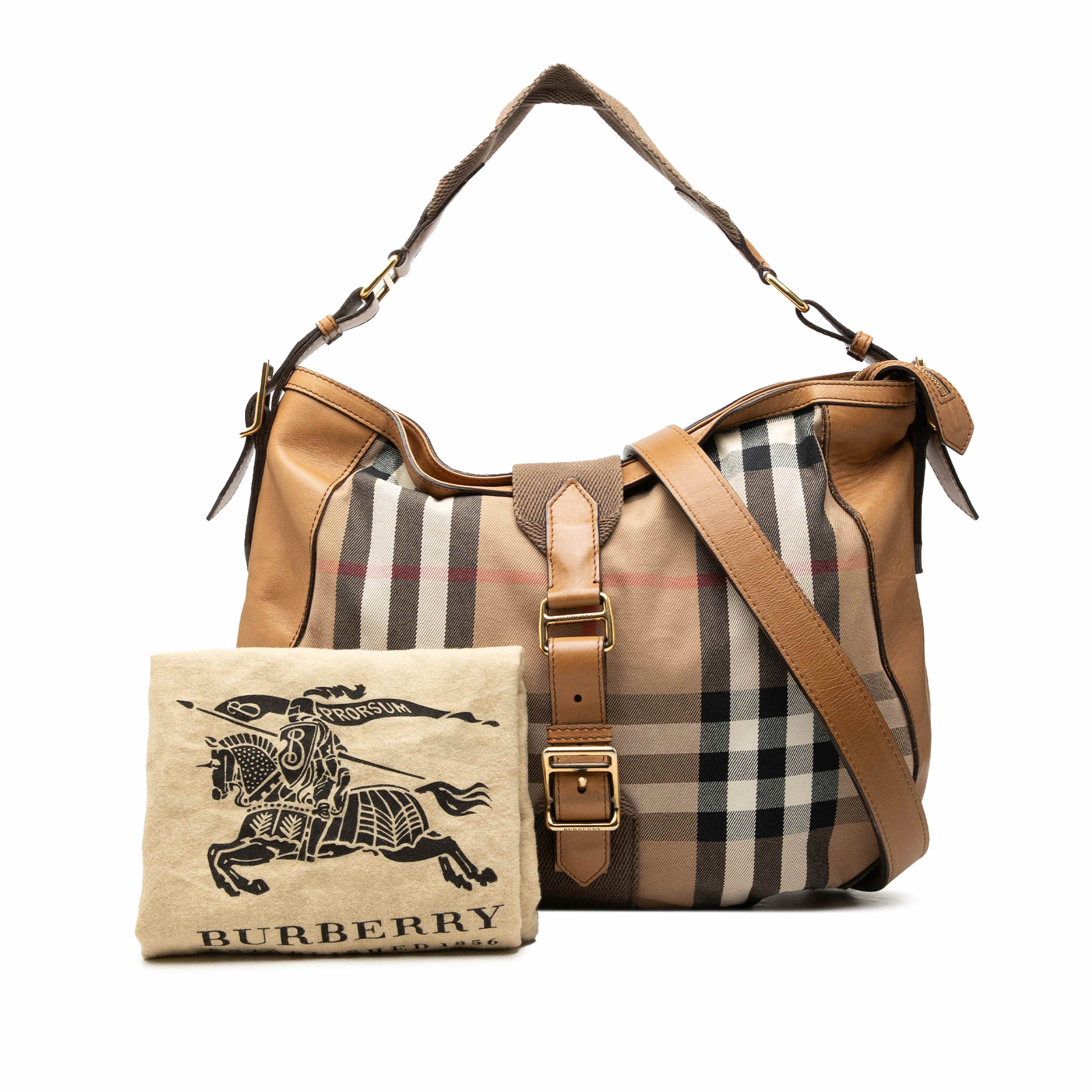 Burberry Medium House Check Canvas Ashwood Hobo, från Luxclusif, i färgen beige. Klicka för att öppna bilden i stort format