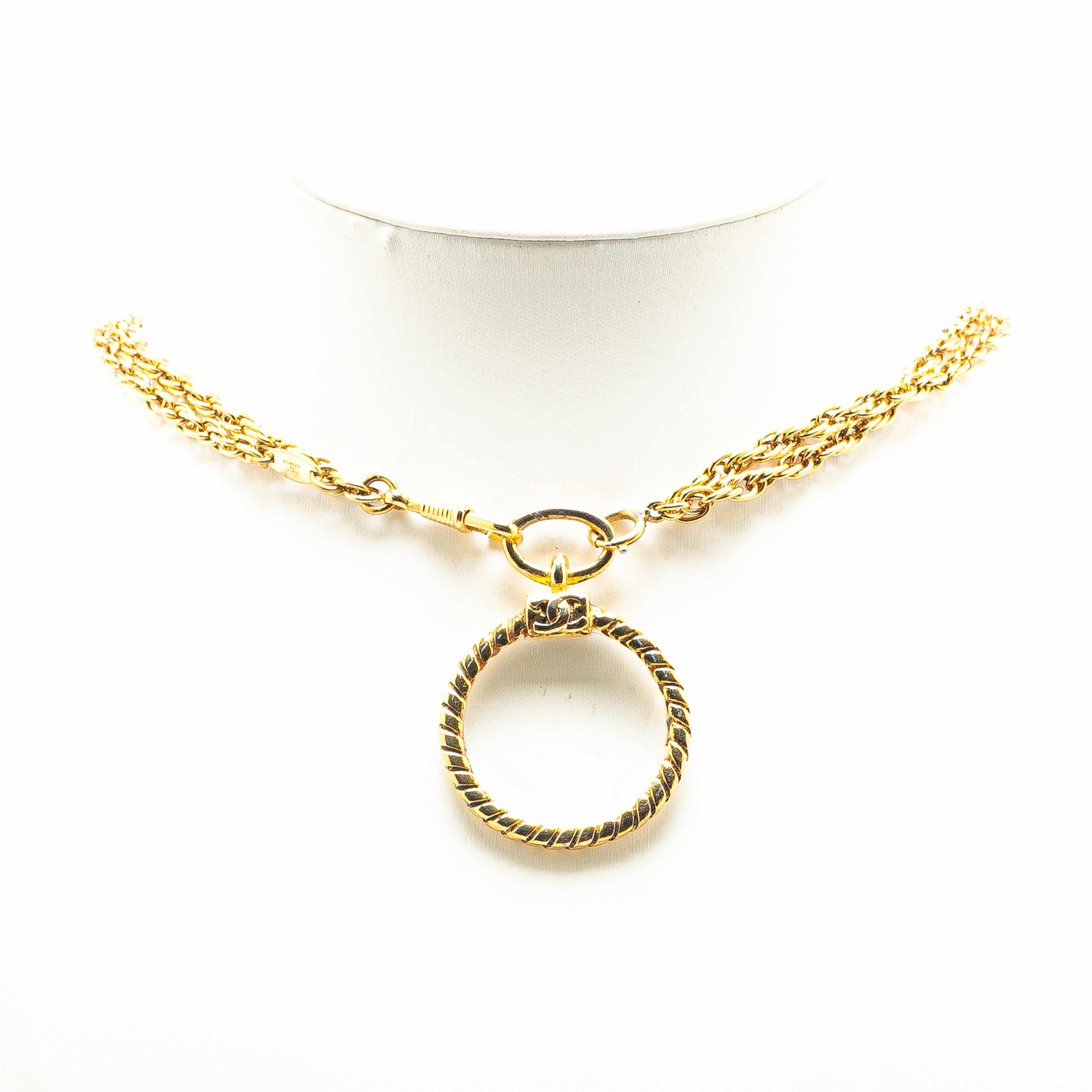 Chanel Gold Plated Double Chain Loupe Magnifying Glass Pendant Necklace