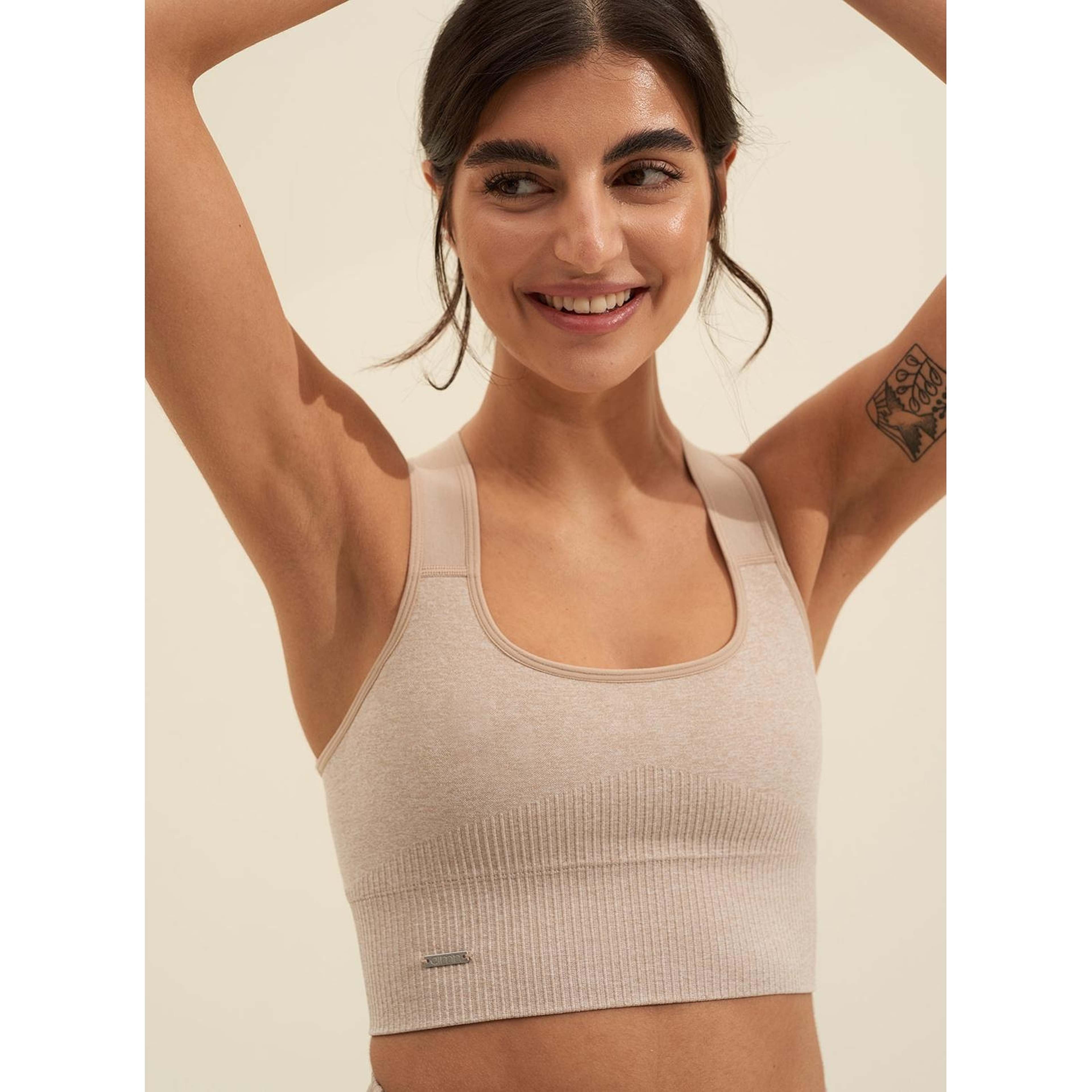 Beige Melange High Support Ribbed Bra