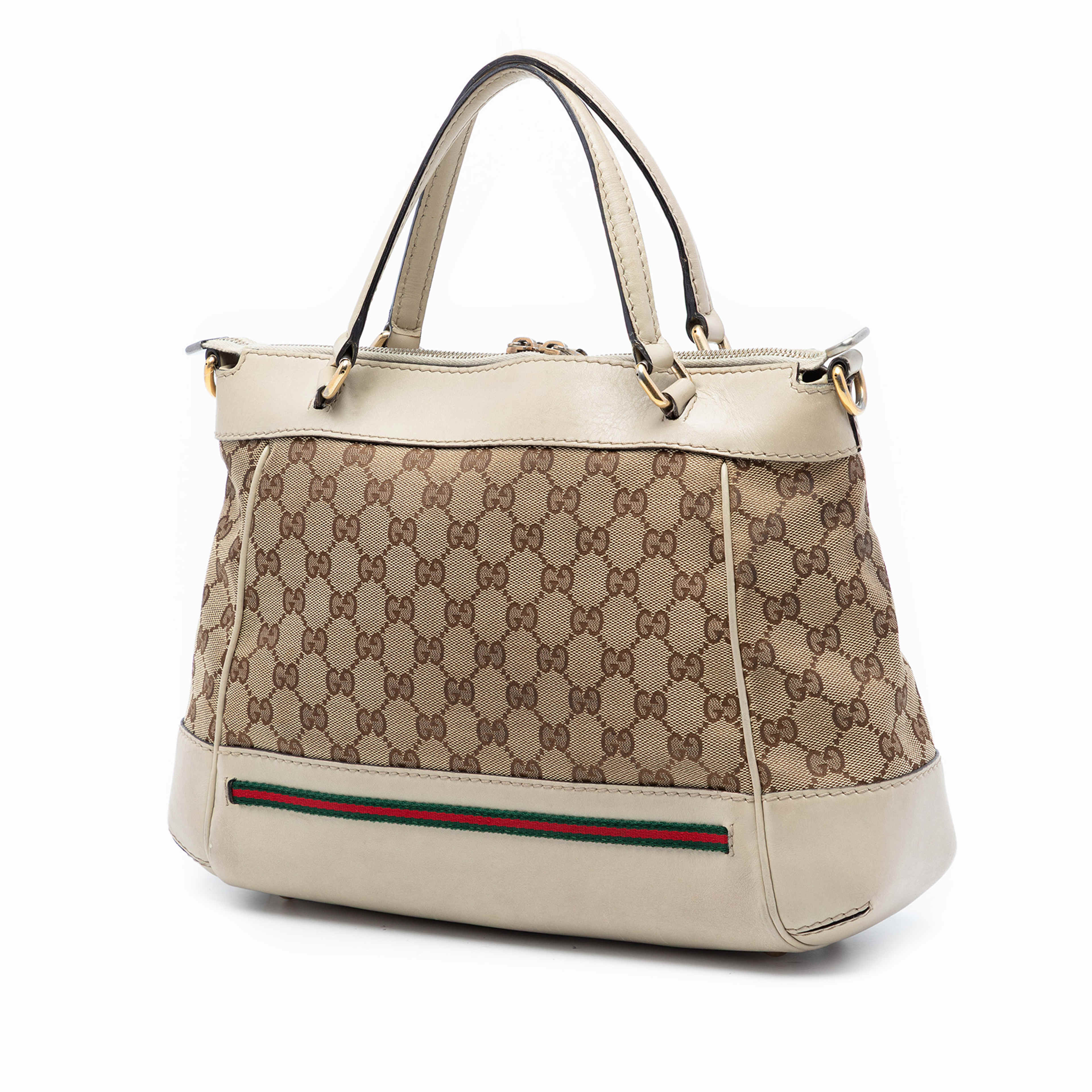 Gucci Gg Canvas Web Mayfair Satchel, från Luxclusif, i färgen beige. Klicka för att öppna bilden i stort format
