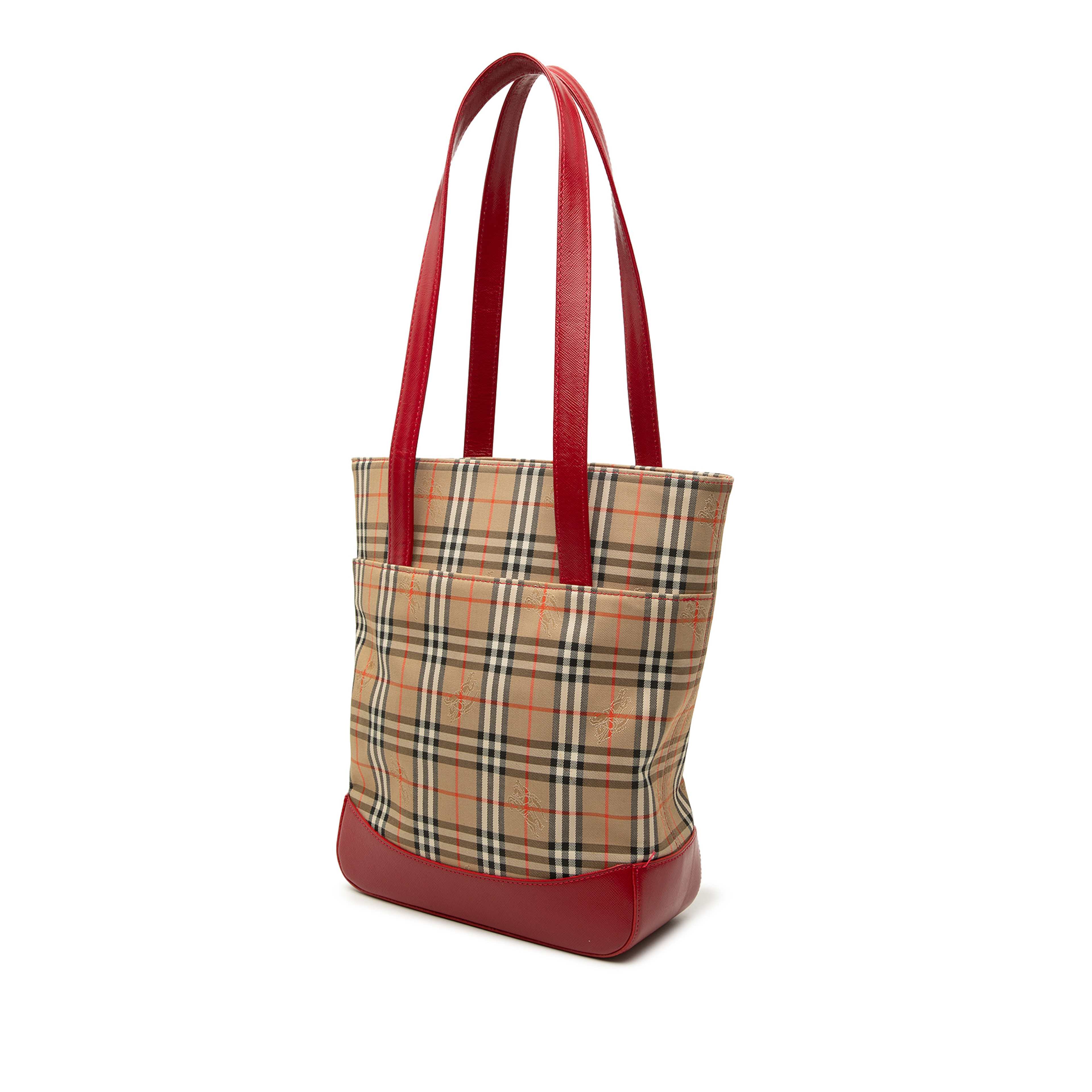 Burberry Haymarket Check Canvas Tote, från Luxclusif, i färgen röd. Klicka för att öppna bilden i stort format
