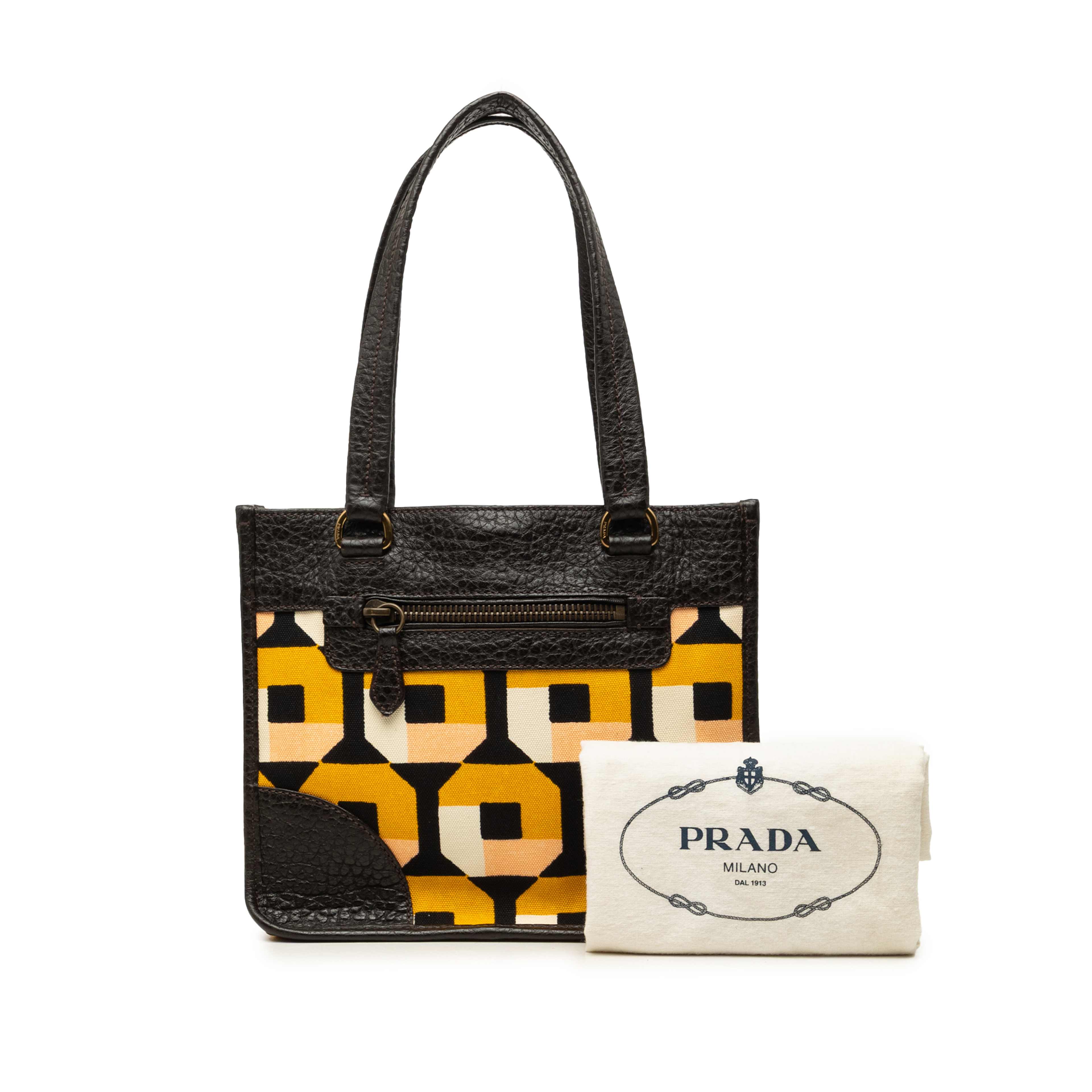 Prada Printed Canvas And Leather Tote, från Luxclusif, i färgen brun. Klicka för att öppna bilden i stort format