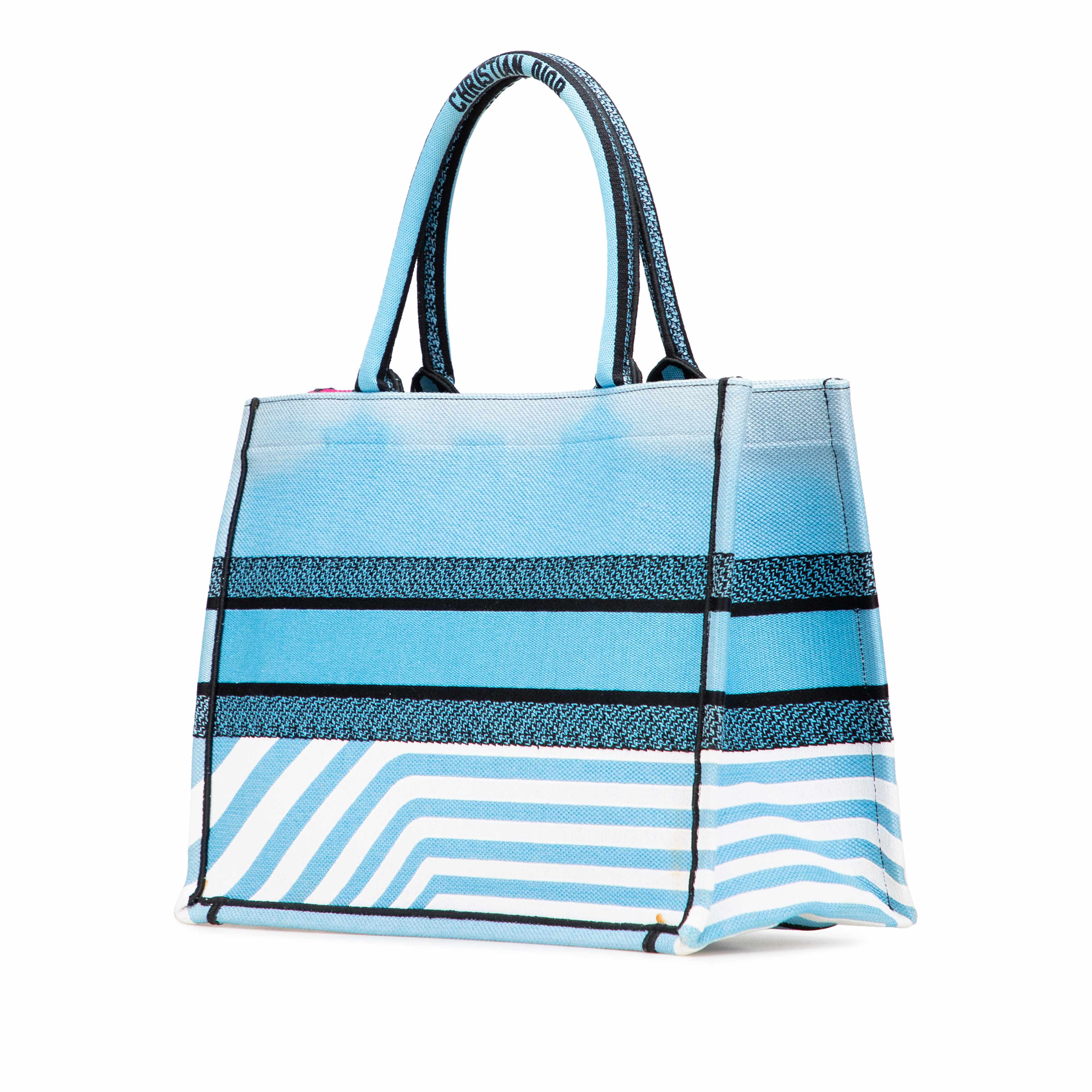 Dior Medium Embroidered Canvas Zebra D Jungle Pop Book Tote, från Luxclusif, i färgen light blue. Klicka för att öppna bilden i stort format