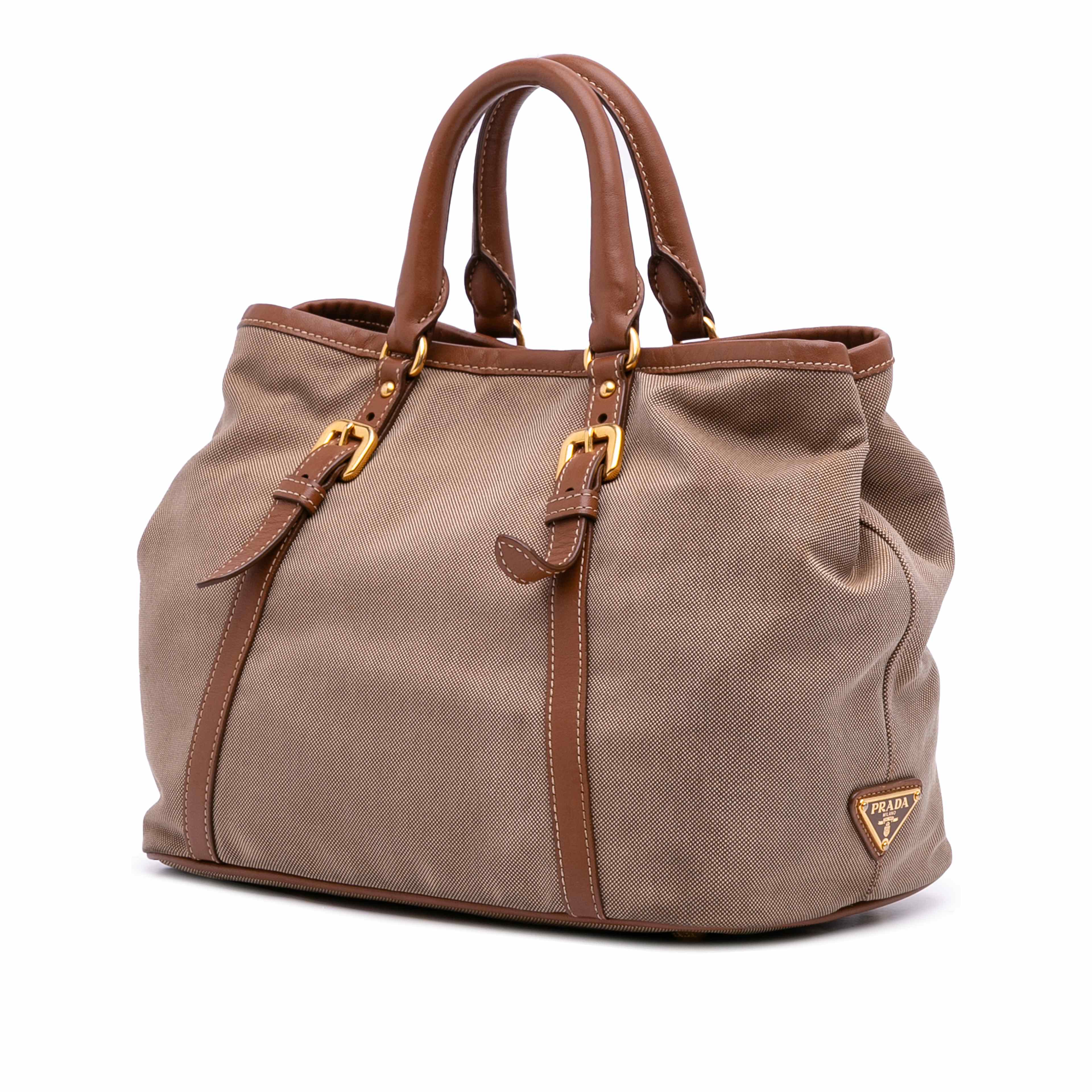 Prada Canvas Canapa Logo Satchel, från Luxclusif, i färgen beige. Klicka för att öppna bilden i stort format
