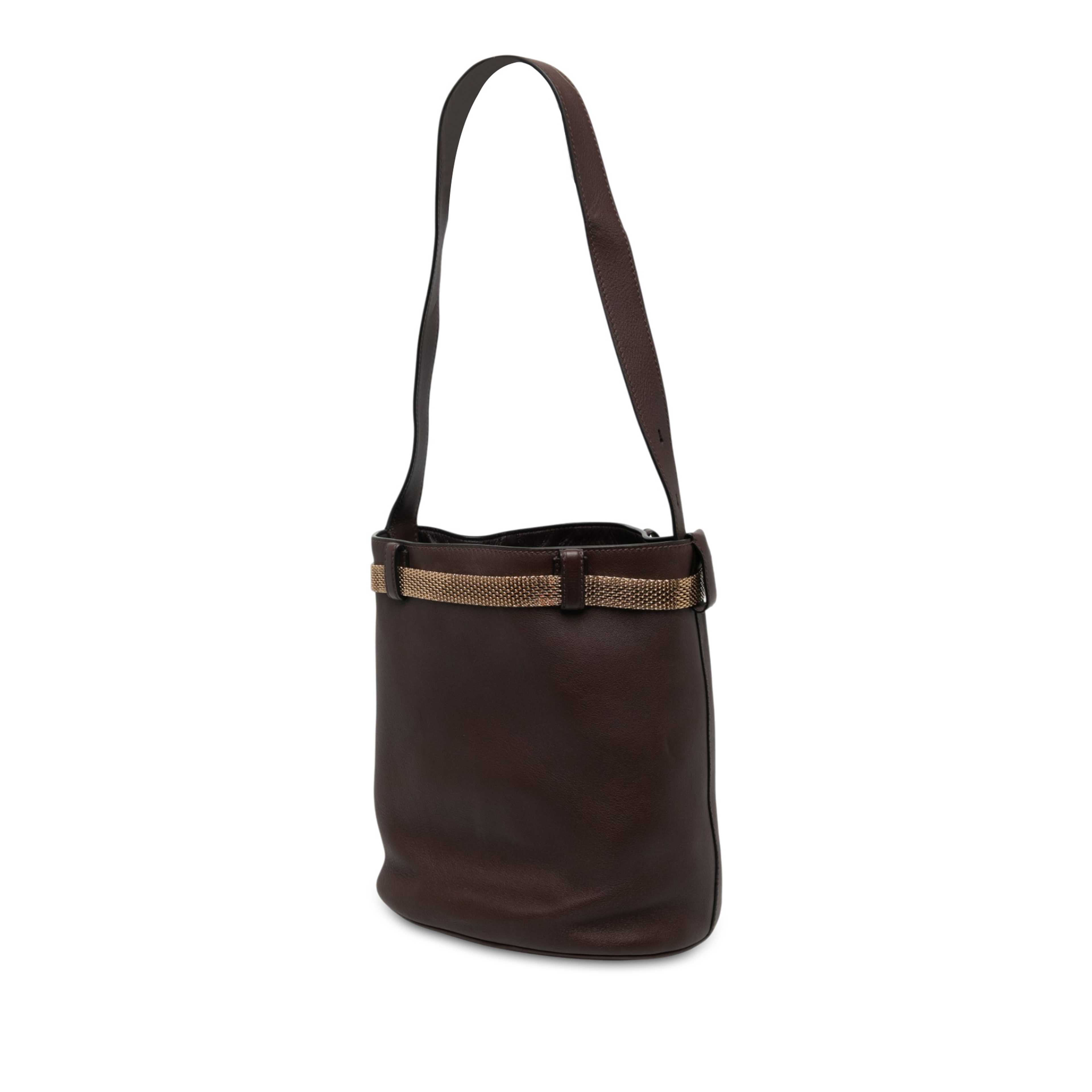 Prada Calfskin Jeweled Belted Bucket Bag, från Luxclusif, i färgen brun. Klicka för att öppna bilden i stort format
