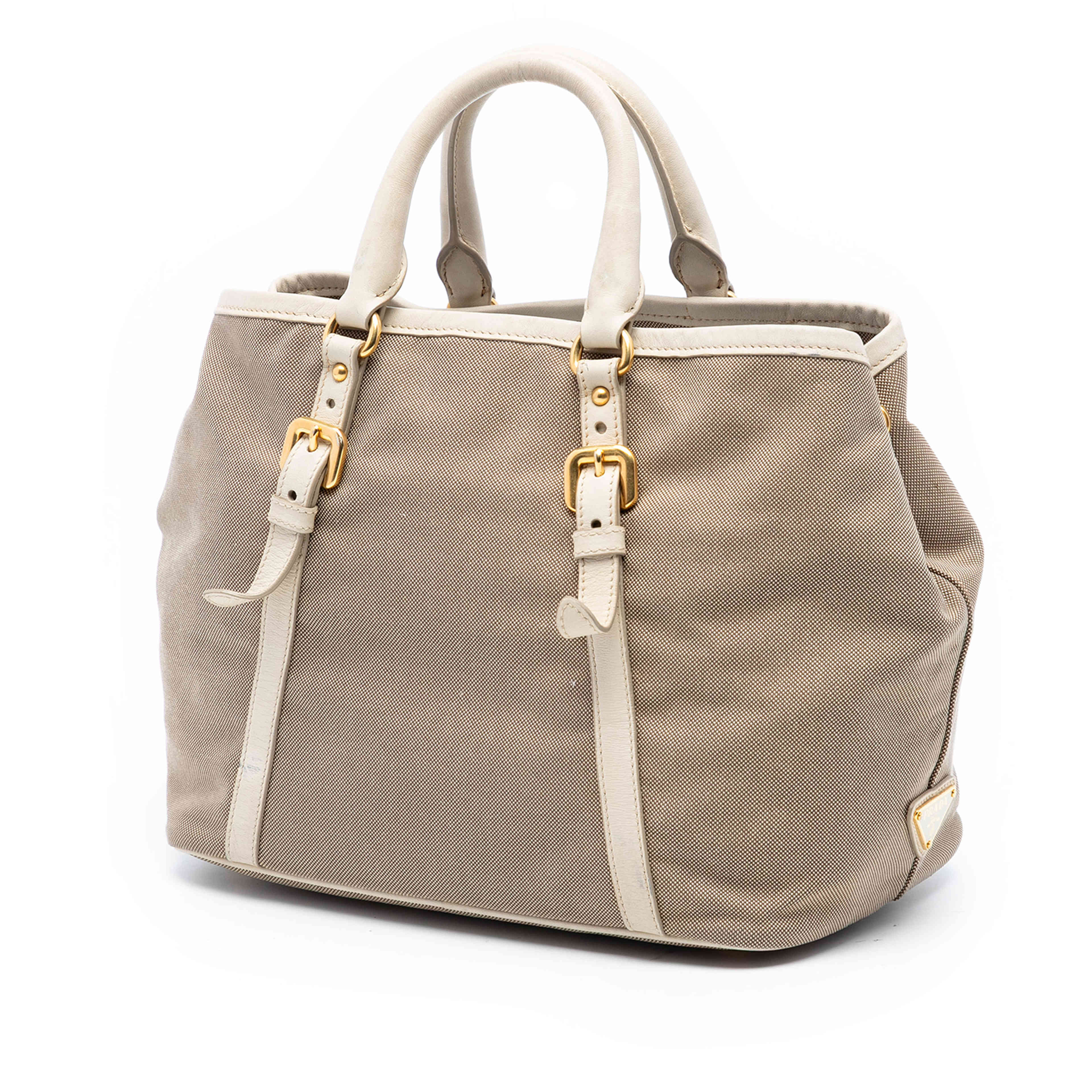 Prada Canvas Canapa Logo Bow Satchel, från Luxclusif, i färgen beige. Klicka för att öppna bilden i stort format