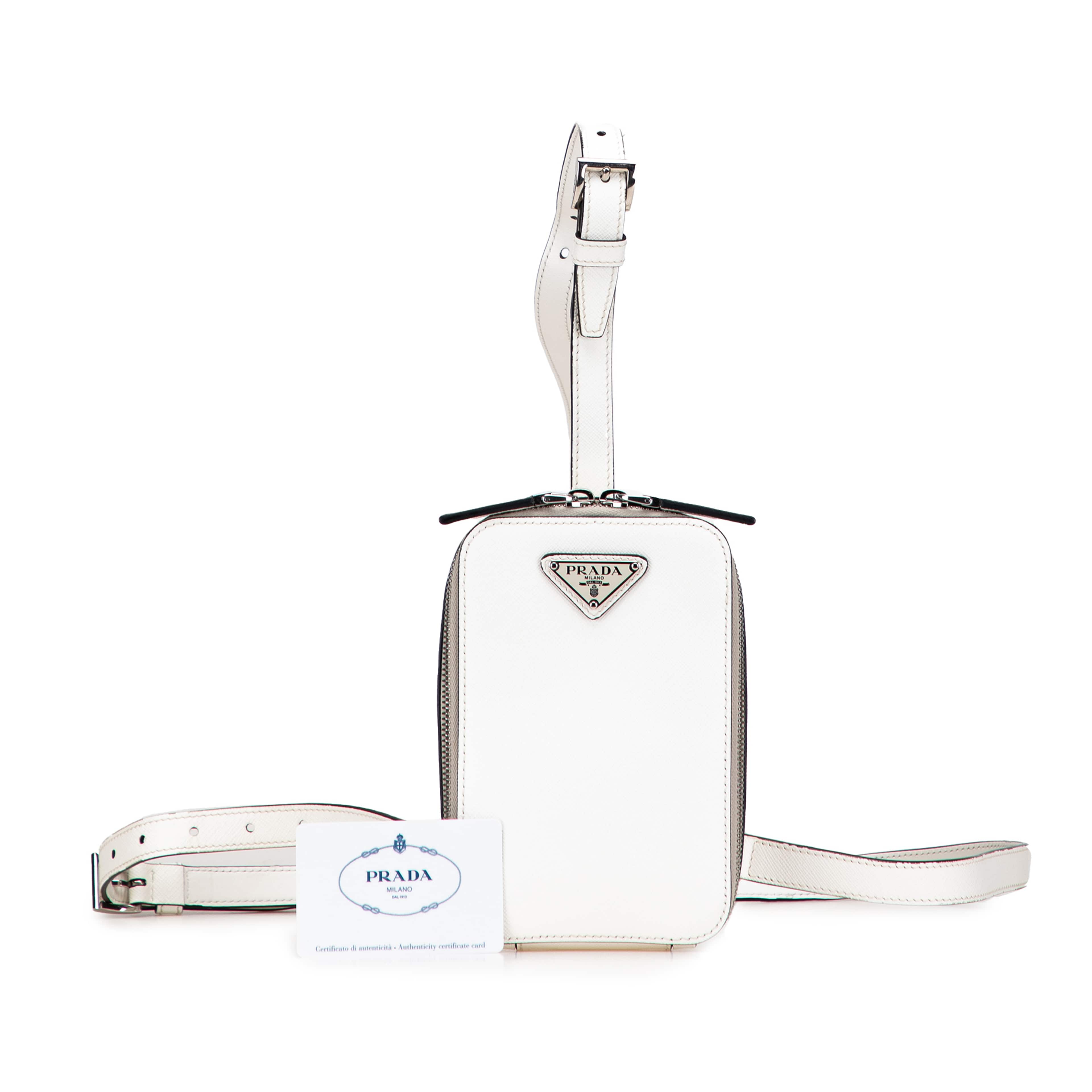 Prada Saffiano Harness Crossbody Pouch, från Luxclusif, i färgen vit. Klicka för att öppna bilden i stort format
