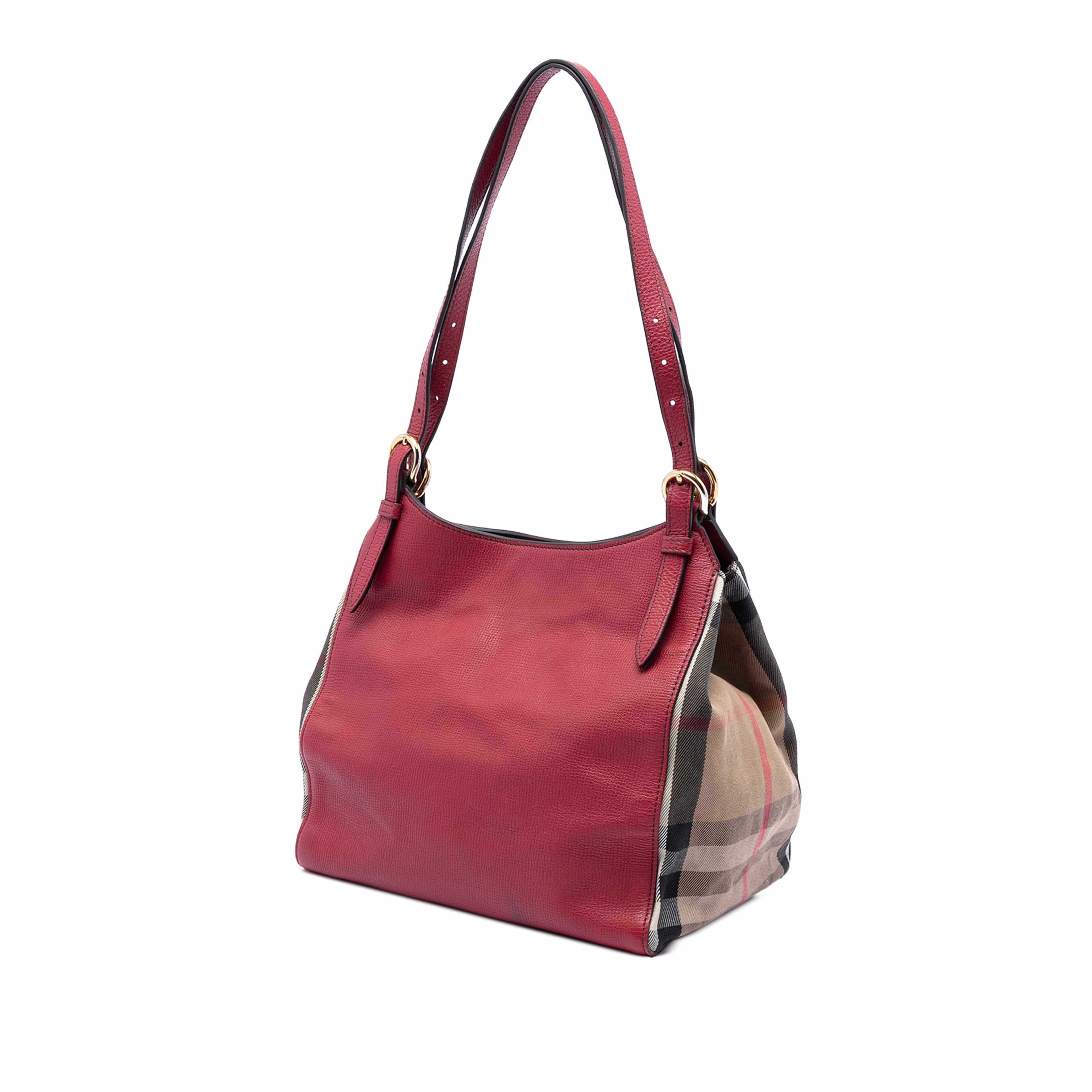 Burberry Small Leather And House Check Canvas Canterbury Tote, från Luxclusif, i färgen red. Klicka för att öppna bilden i stort format