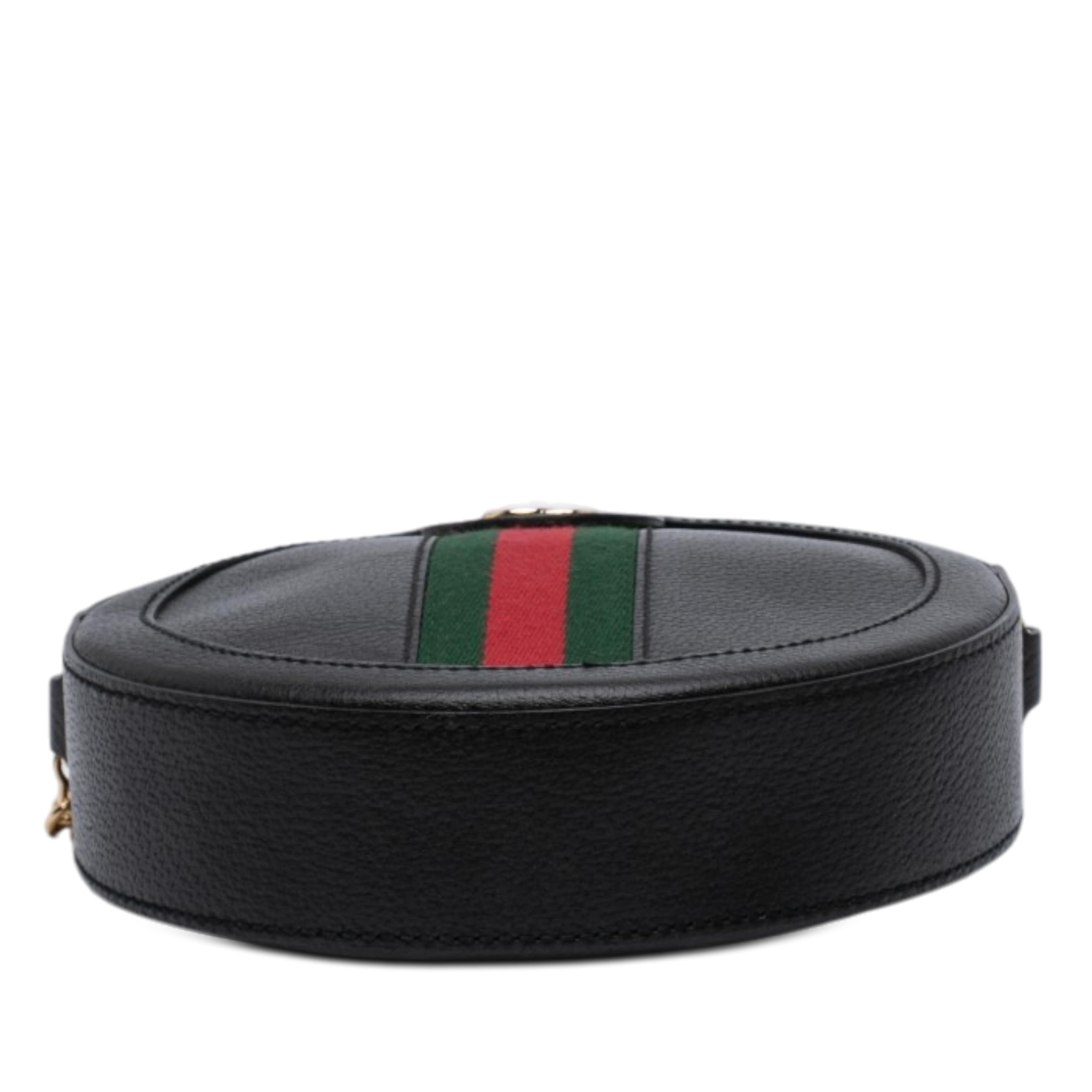Gucci Mini Calfskin Web Ophidia Round Crossbody, från Luxclusif, i färgen svart. Klicka för att öppna bilden i stort format