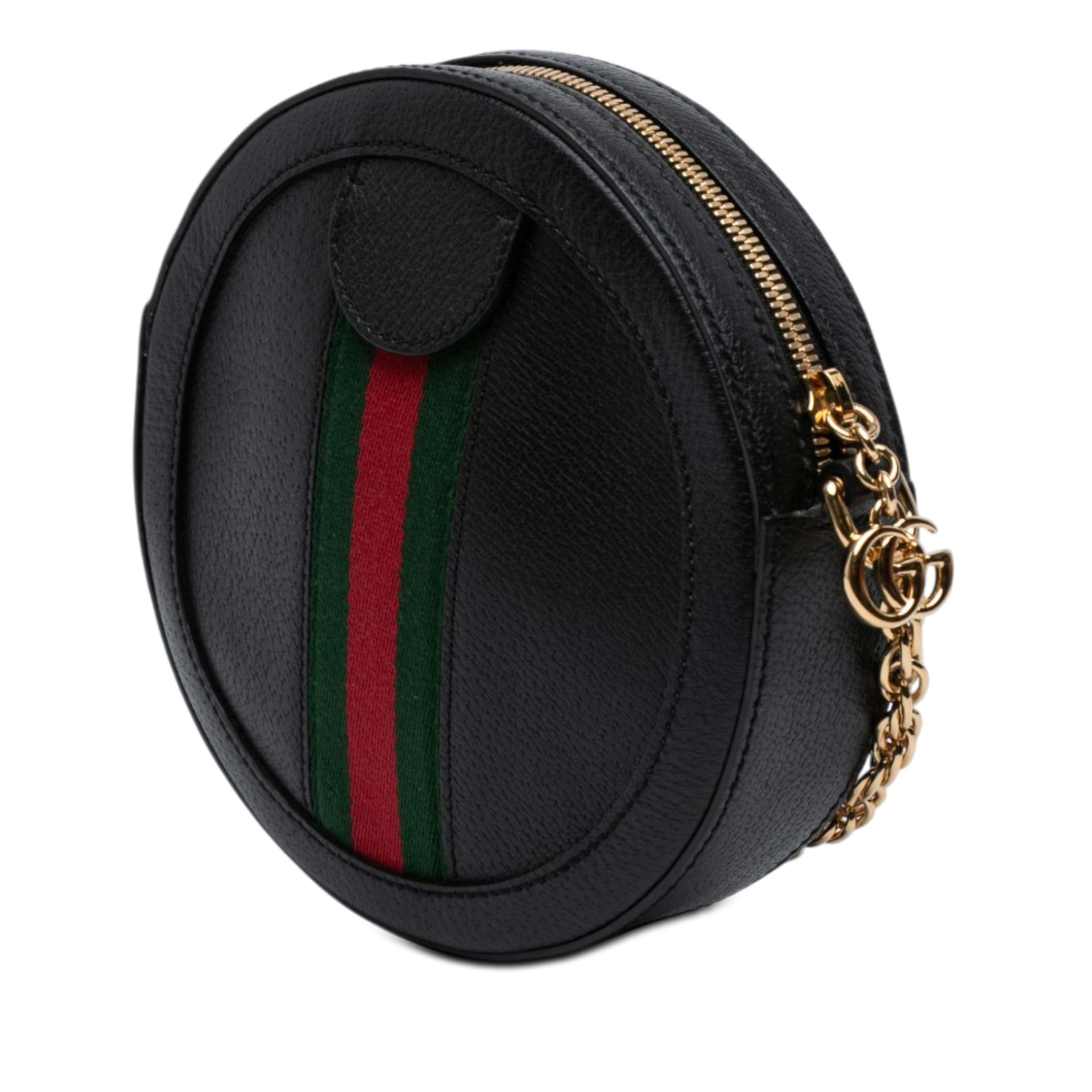 Gucci Mini Calfskin Web Ophidia Round Crossbody, från Luxclusif, i färgen svart. Klicka för att öppna bilden i stort format