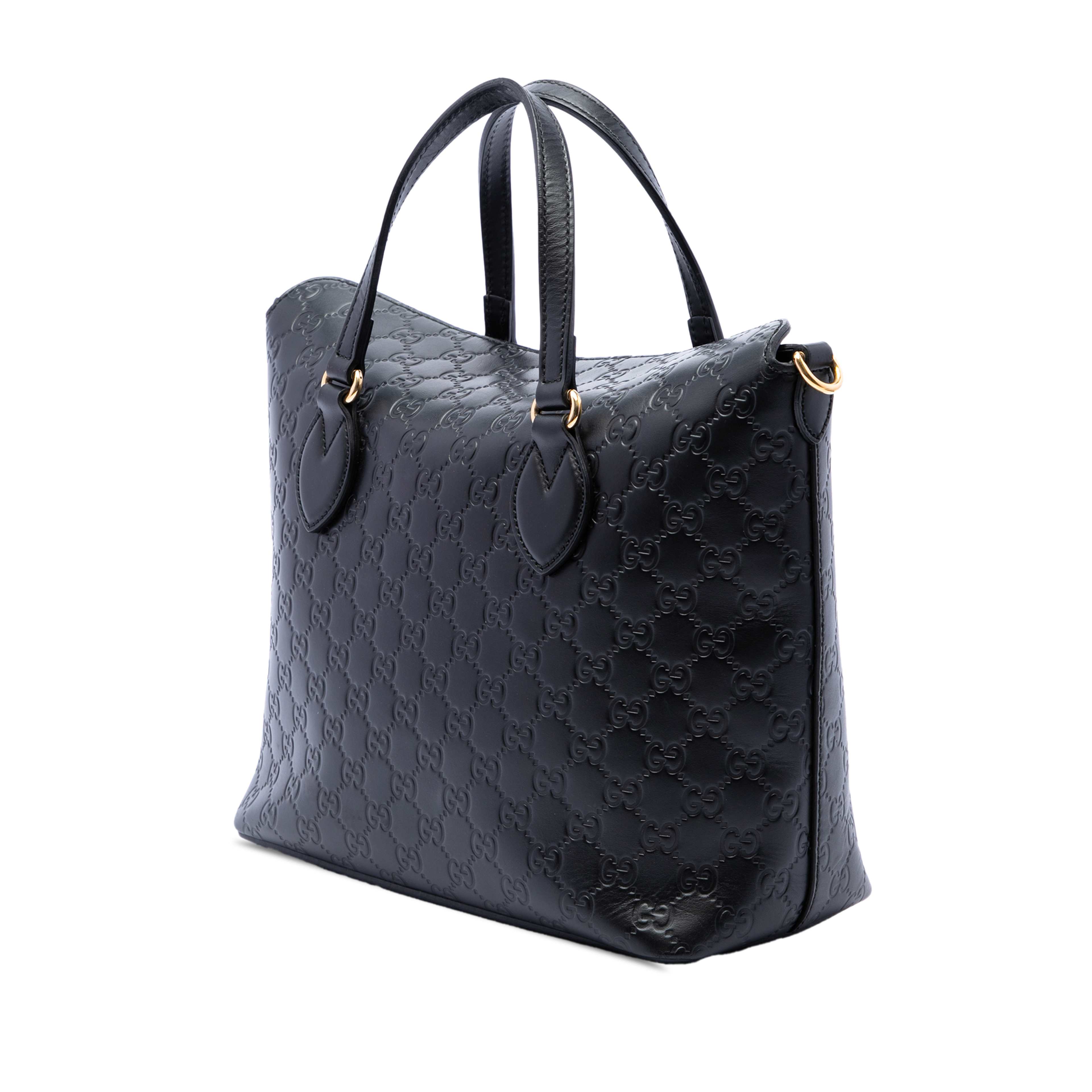Gucci Guccissima Linea A Fold Over Satchel, från Luxclusif, i färgen svart. Klicka för att öppna bilden i stort format