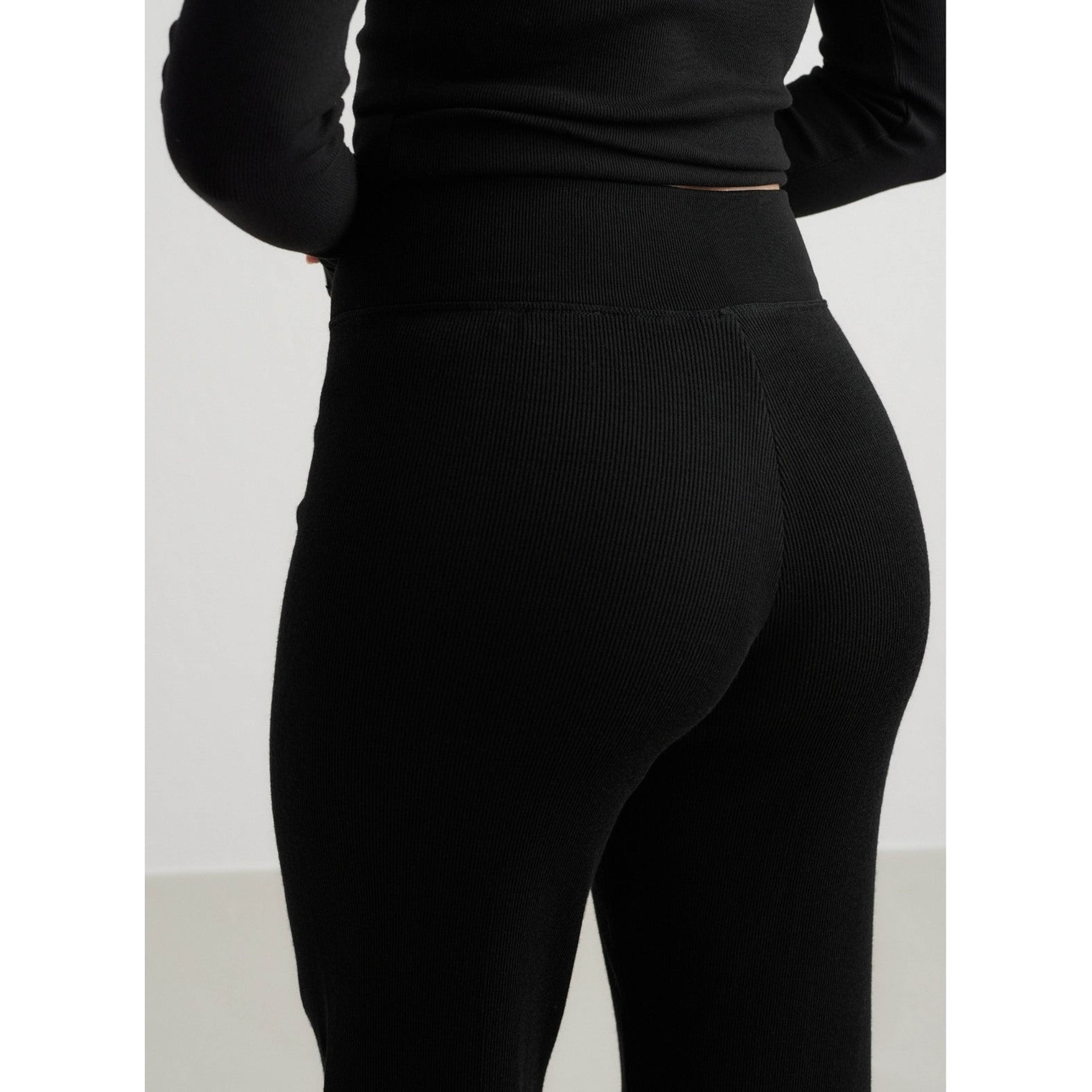 Black Ribbed Wool Wide Pants