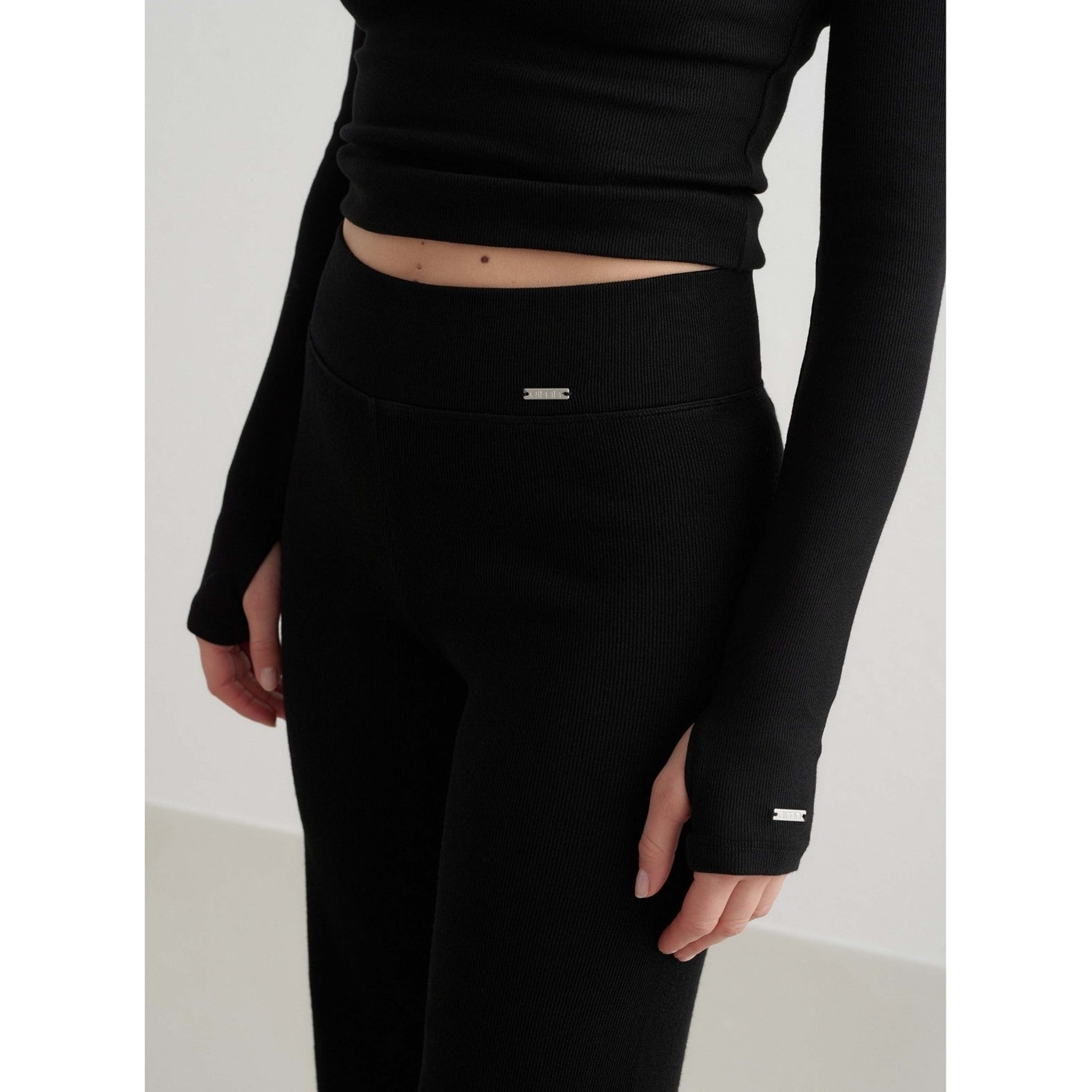 Black Ribbed Wool Wide Pants