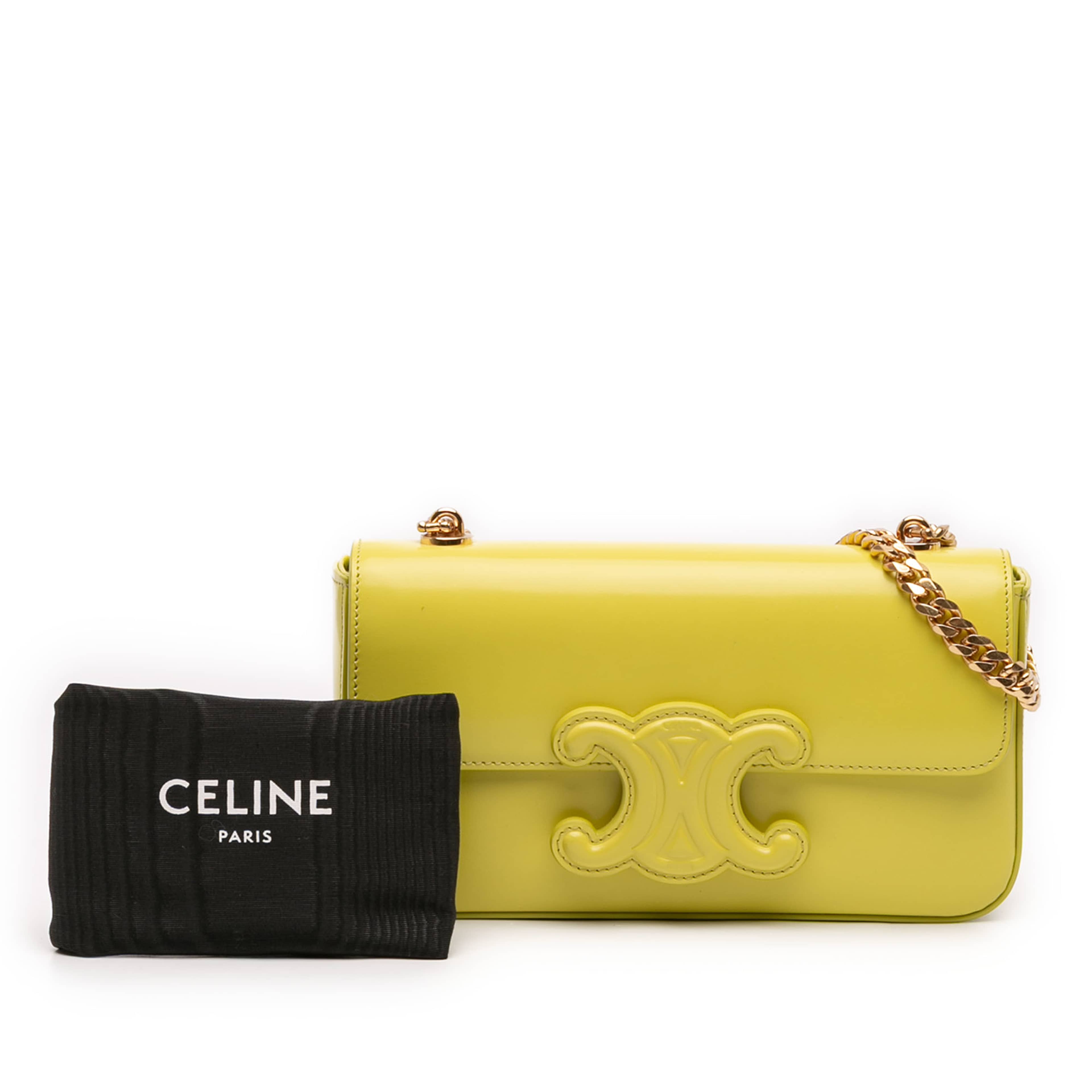 Celine Shiny Calfskin Claude Chain Shoulder Bag, från Luxclusif, i färgen gul. Klicka för att öppna bilden i stort format