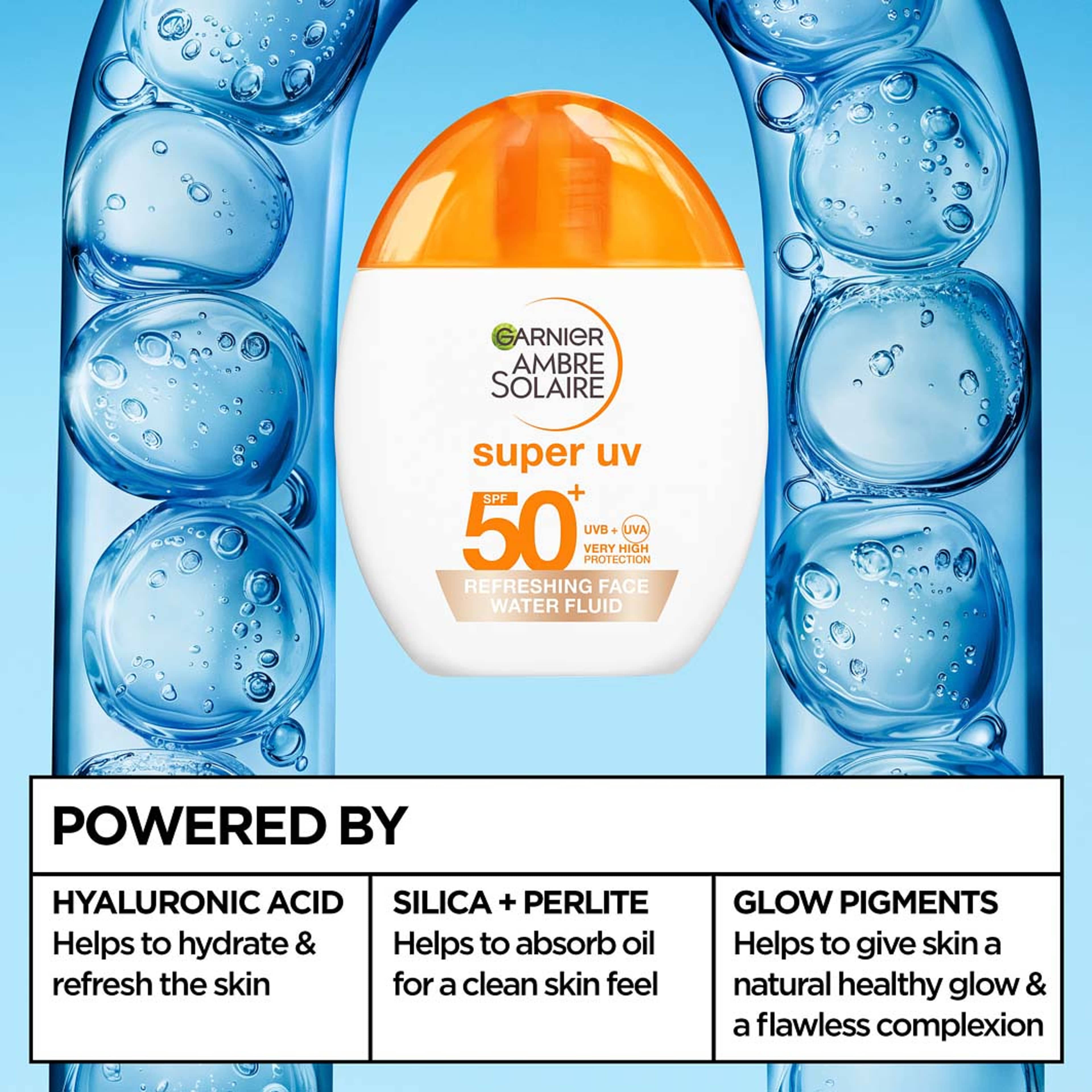 Ambre Solaire Super UV Refreshing Face Water Fluid SPF50+, från Garnier. Klicka för att öppna bilden i stort format
