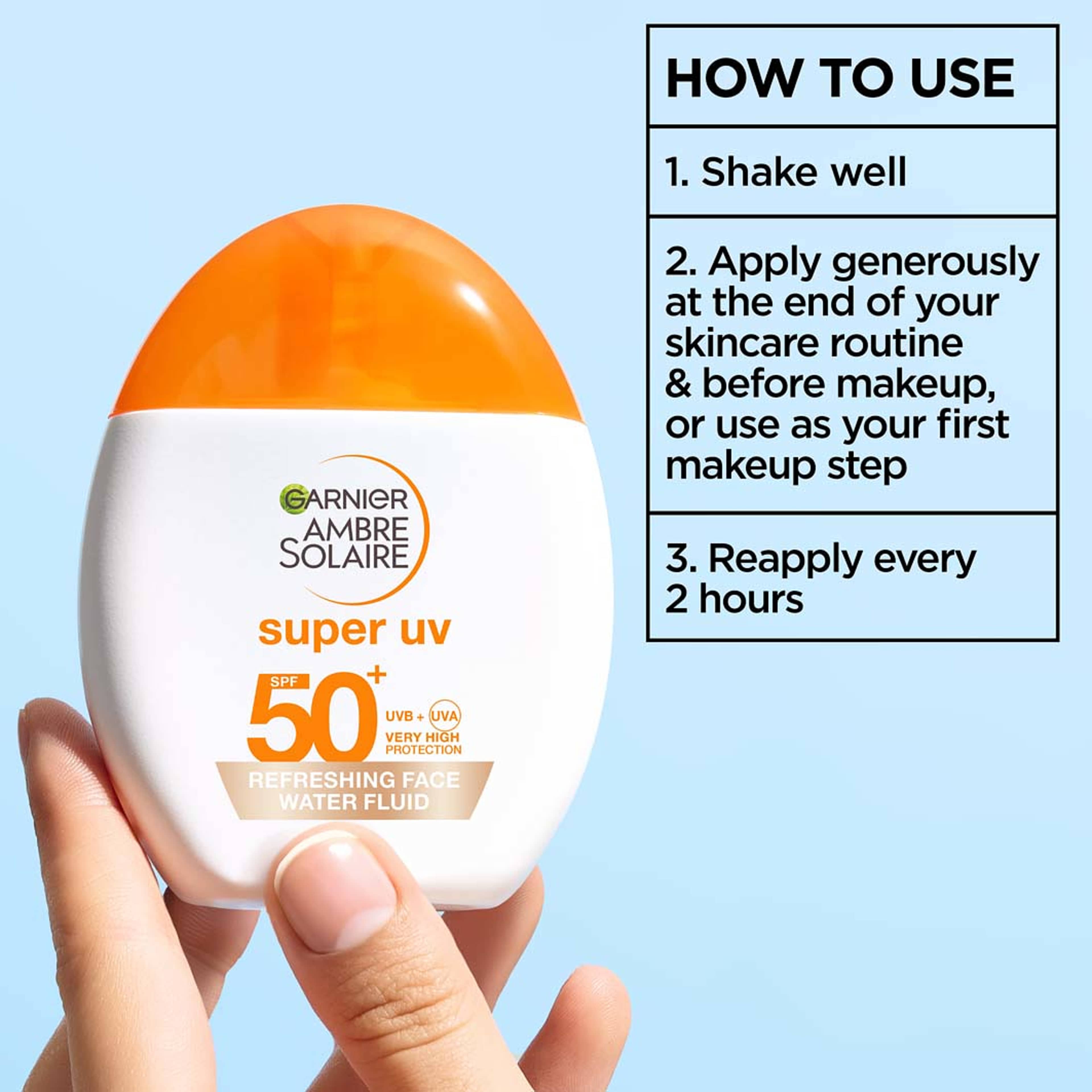 Ambre Solaire Super UV Refreshing Face Water Fluid SPF50+, från Garnier. Klicka för att öppna bilden i stort format