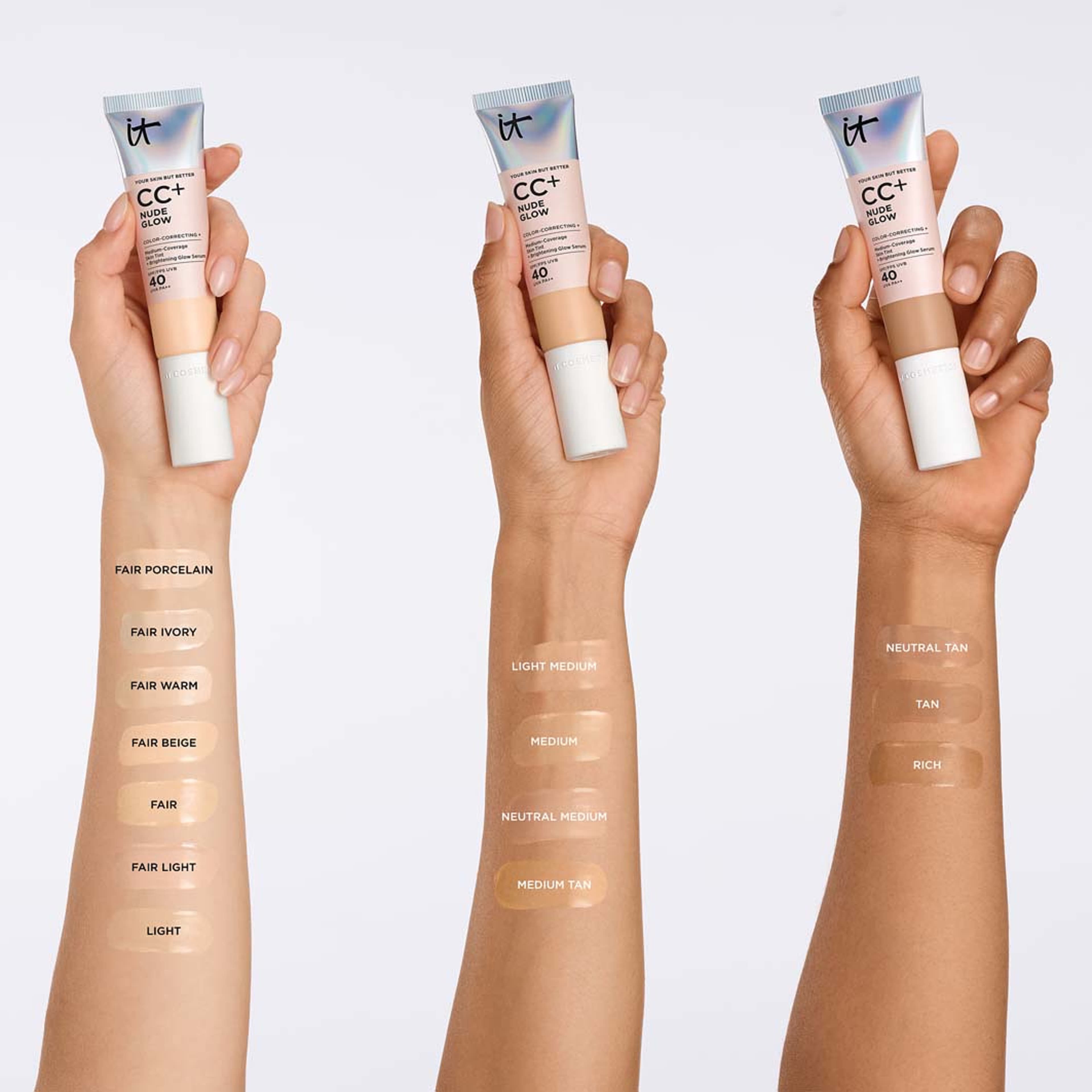 Cc+ Nude Glow Spf 40, från IT Cosmetics, i färgen Fair Warm. Klicka för att öppna bilden i stort format