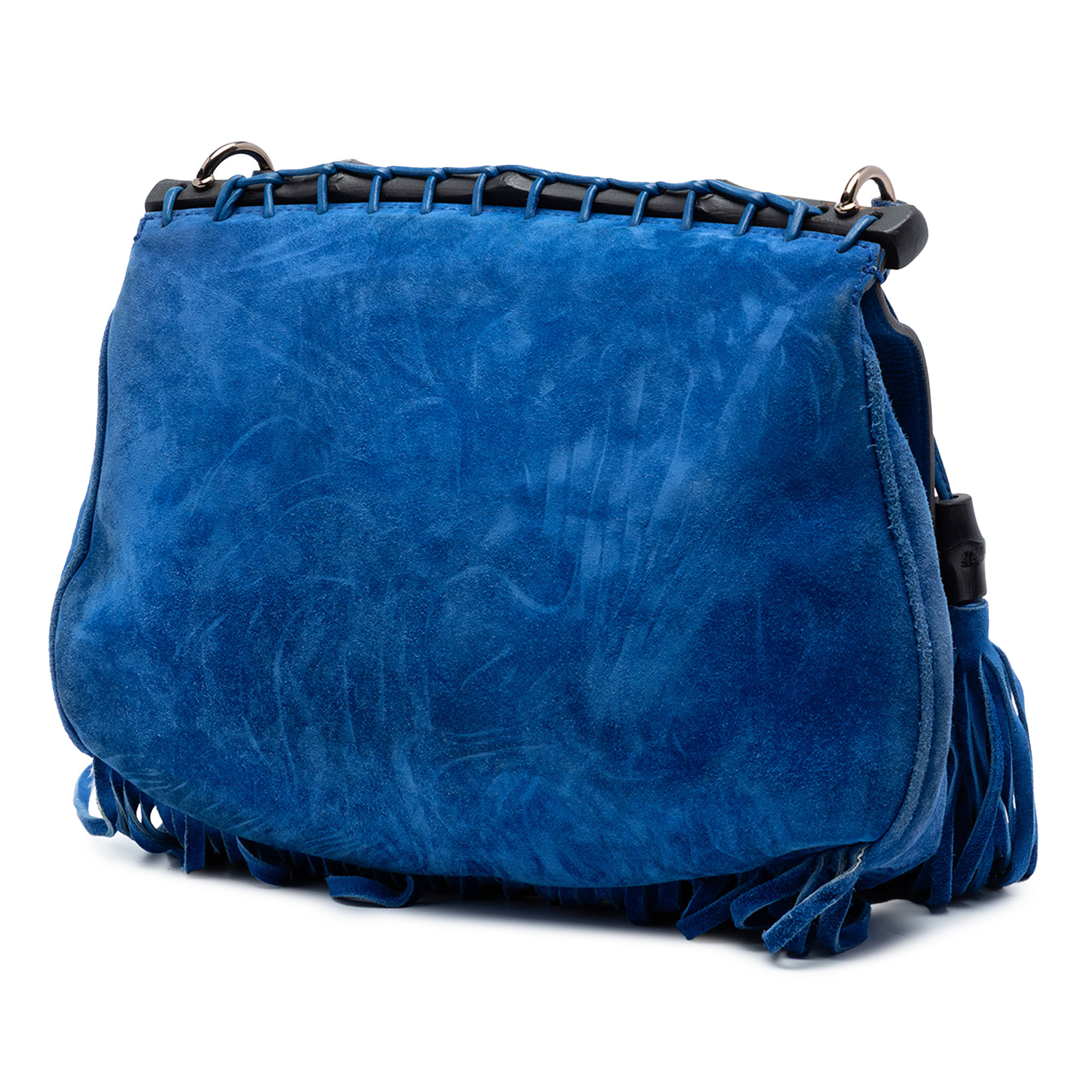 Gucci Medium Suede Bamboo Nouveau Fringe Crossbody, från Luxclusif, i färgen blå. Klicka för att öppna bilden i stort format