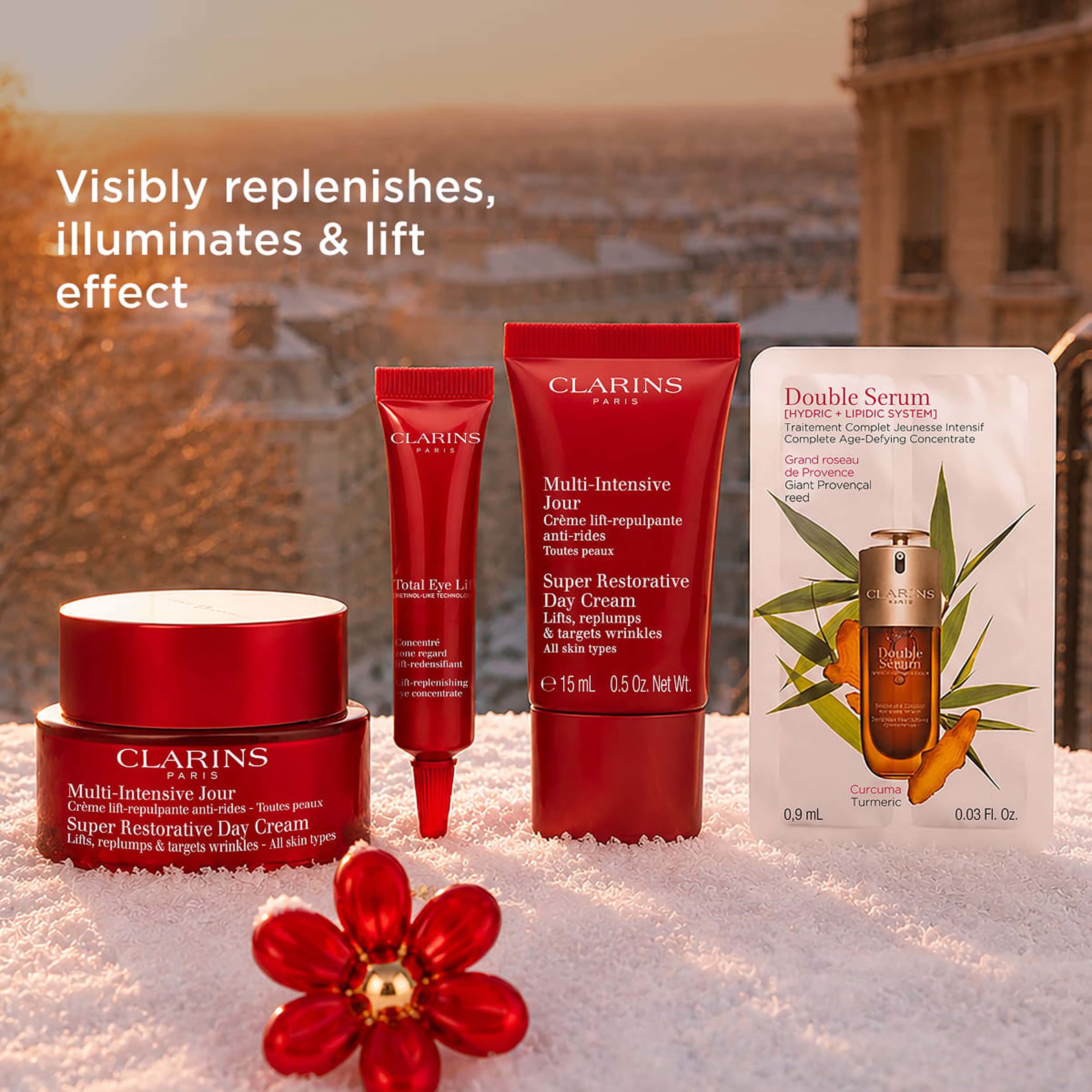 Super Restorative SR day ast 50ml/TEL 7ml/SR night ast 15ml/DS9 0,9ml, från Clarins. Klicka för att öppna bilden i stort format
