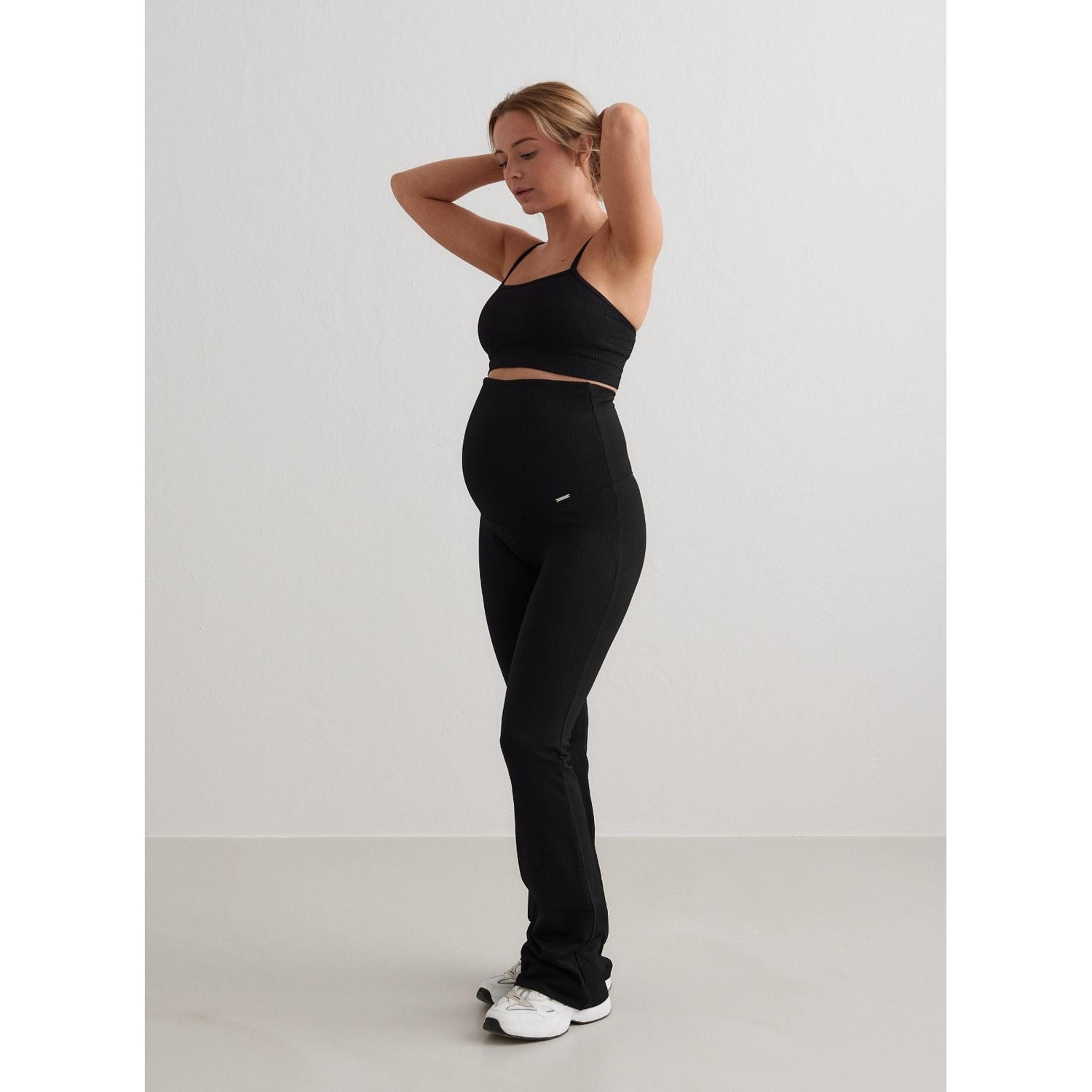 Black Ribbed Seamless Flare Maternity Tights