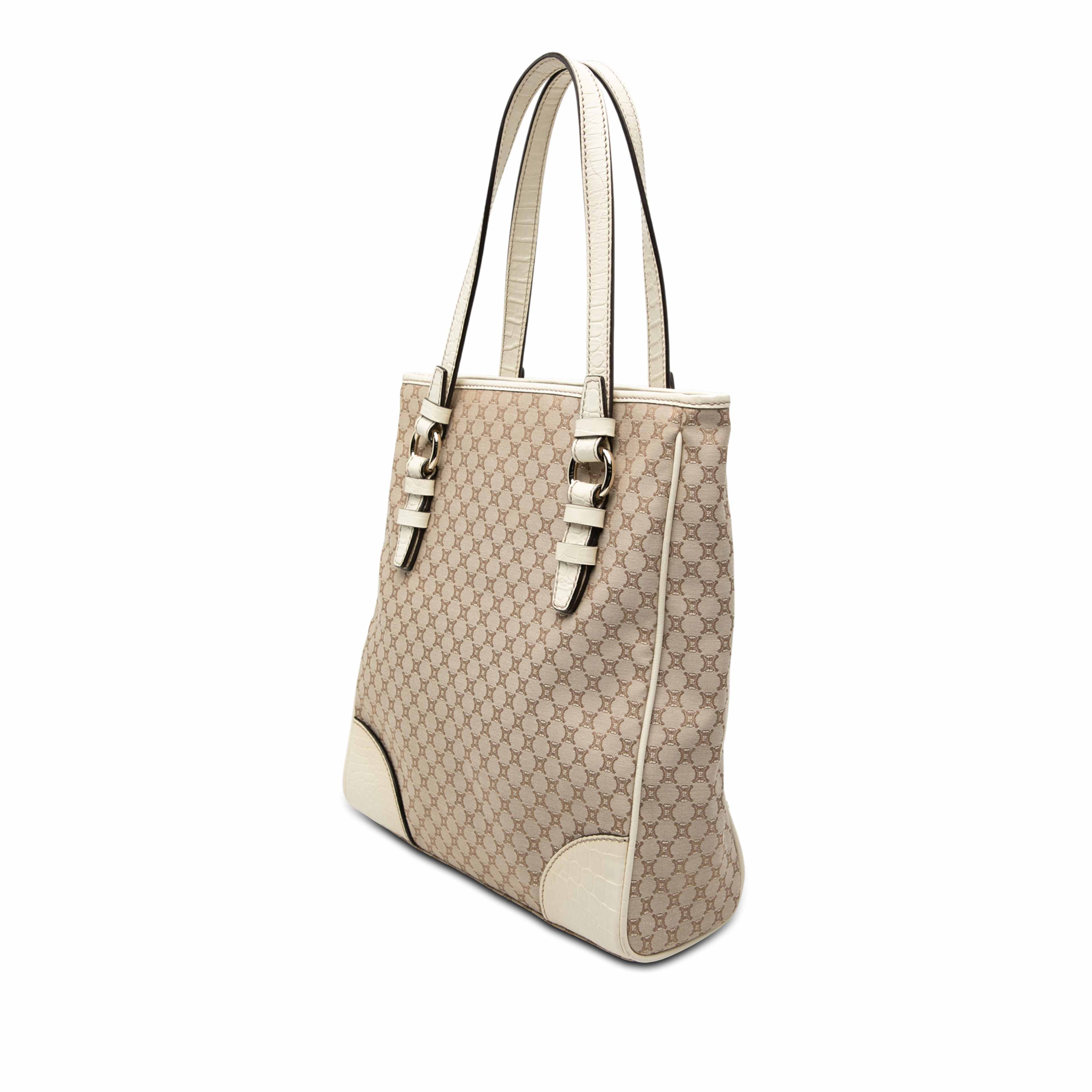 Celine Croc Embossed Leather Trimmed Macadam Canvas Tote, från Luxclusif, i färgen vit. Klicka för att öppna bilden i stort format