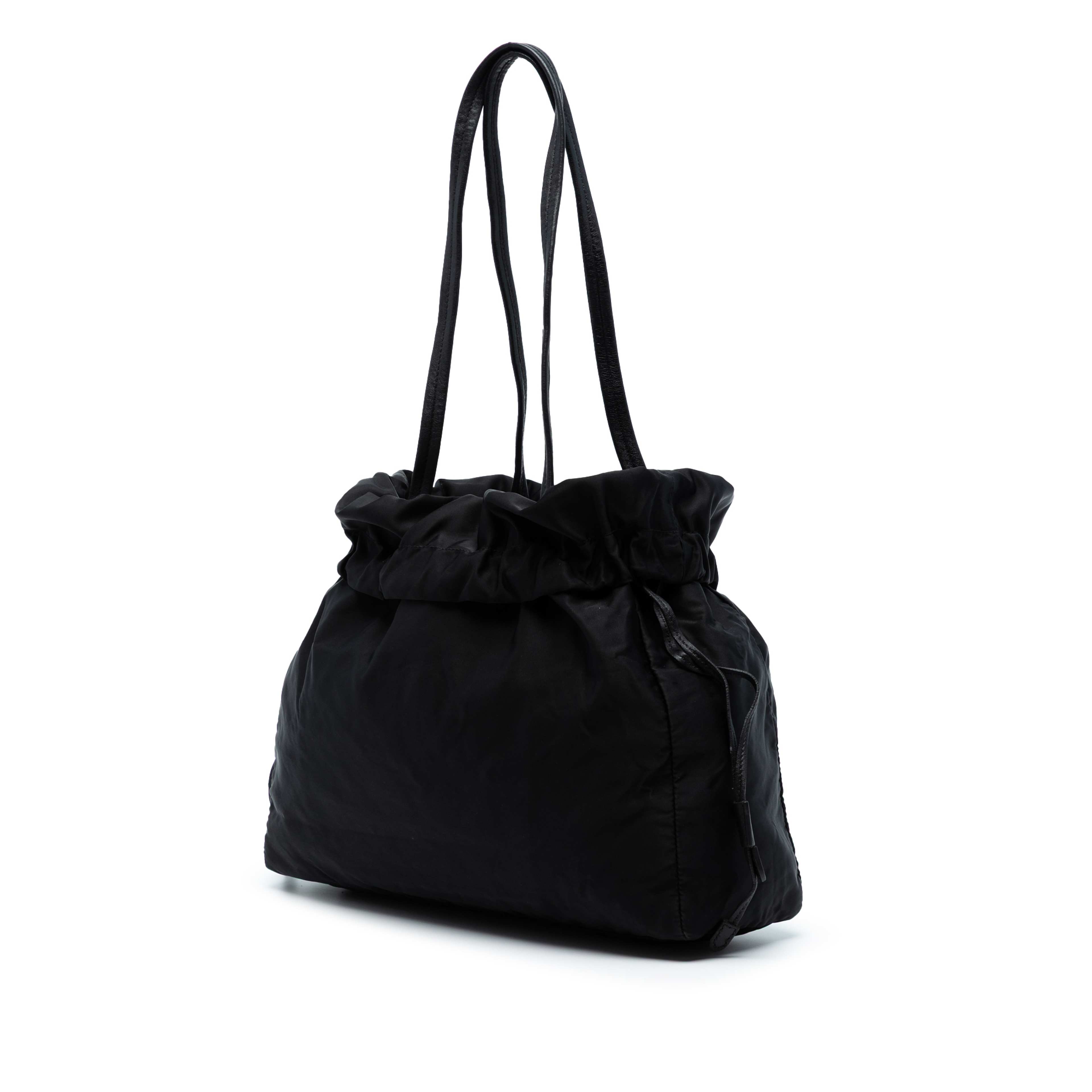Prada Tessuto Logo Drawstring Tote, från Luxclusif, i färgen black. Klicka för att öppna bilden i stort format