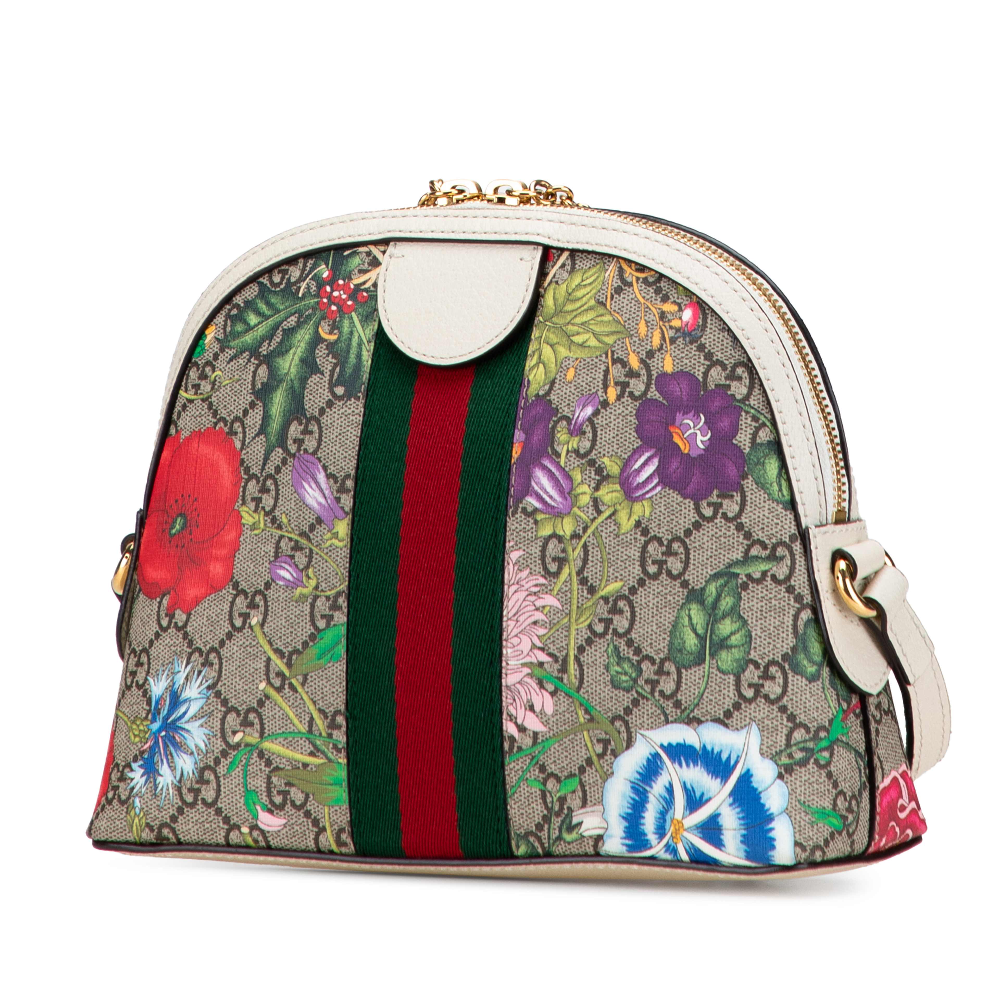 Gucci Small Gg Supreme Web  Flora Ophidia Dome Crossbody, från Luxclusif, i färgen beige. Klicka för att öppna bilden i stort format