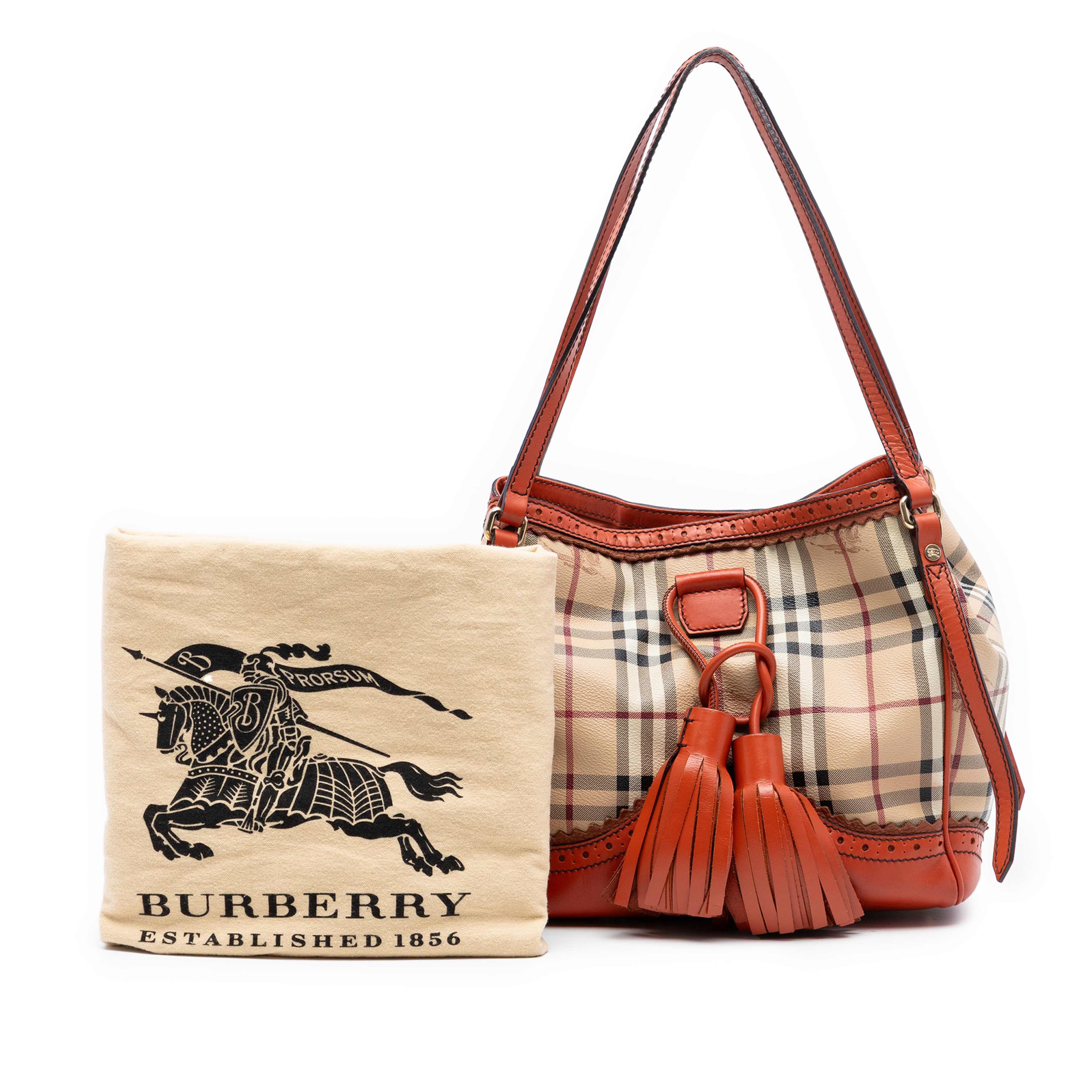 Burberry Small Haymarket Check Coated Canvas Brogue Tassel Tote, från Luxclusif, i färgen orange. Klicka för att öppna bilden i stort format