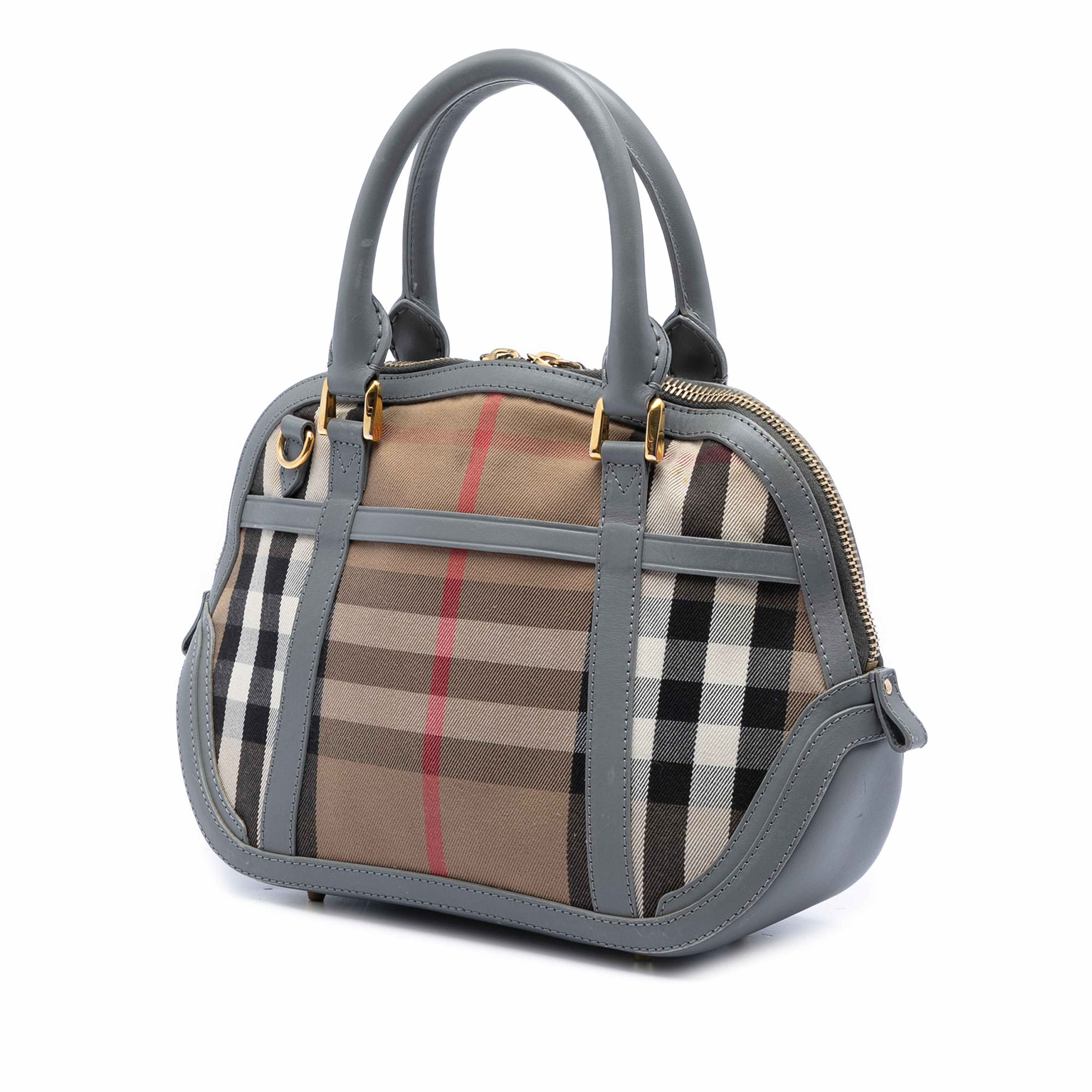 Burberry Small Leather Trimmed House Check Canvas Bridle Orchard Satchel, från Luxclusif, i färgen light brown. Klicka för att öppna bilden i stort format
