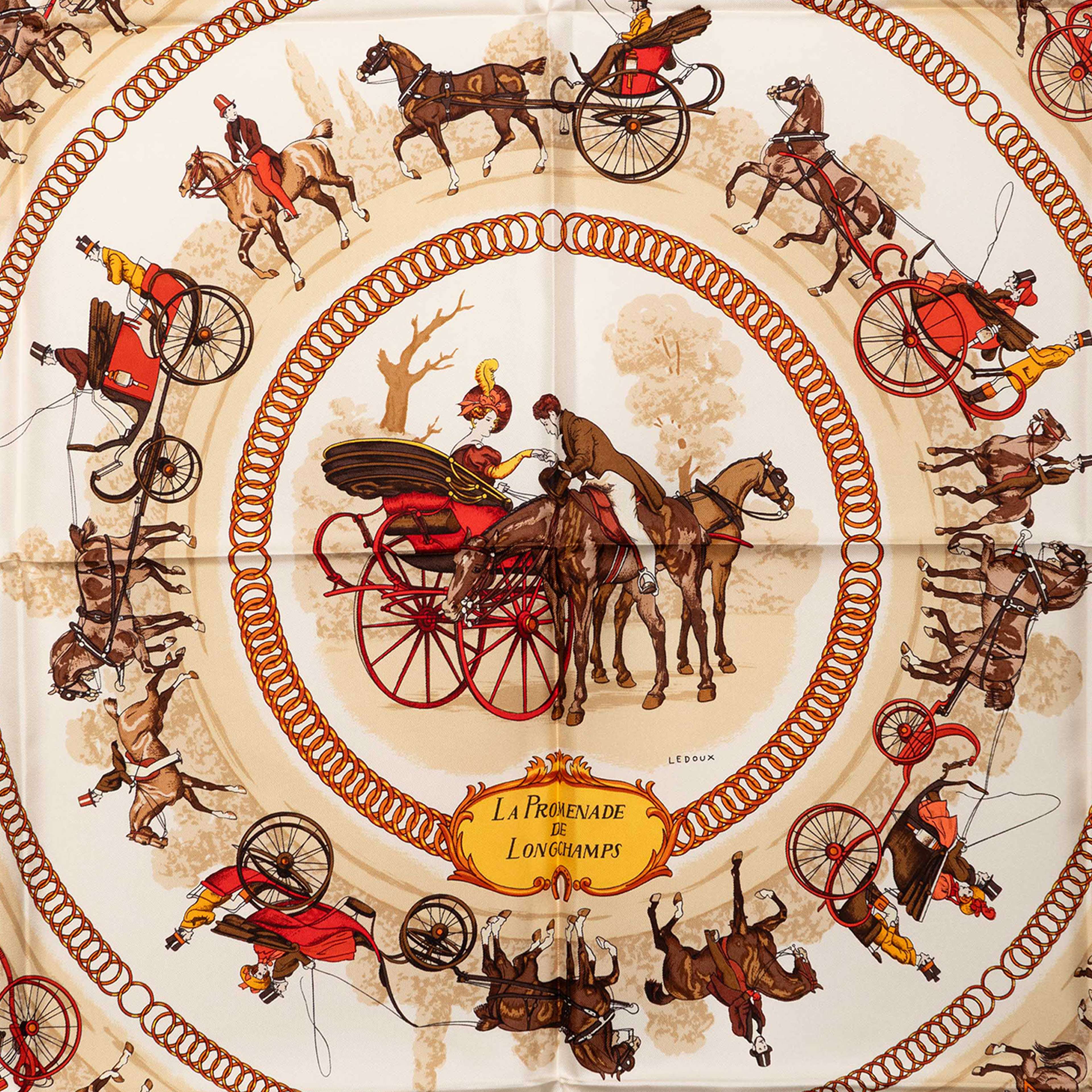 Hermès La Promenade De Longchamps Silk Scarf 90, från Luxclusif, i färgen beige. Klicka för att öppna bilden i stort format