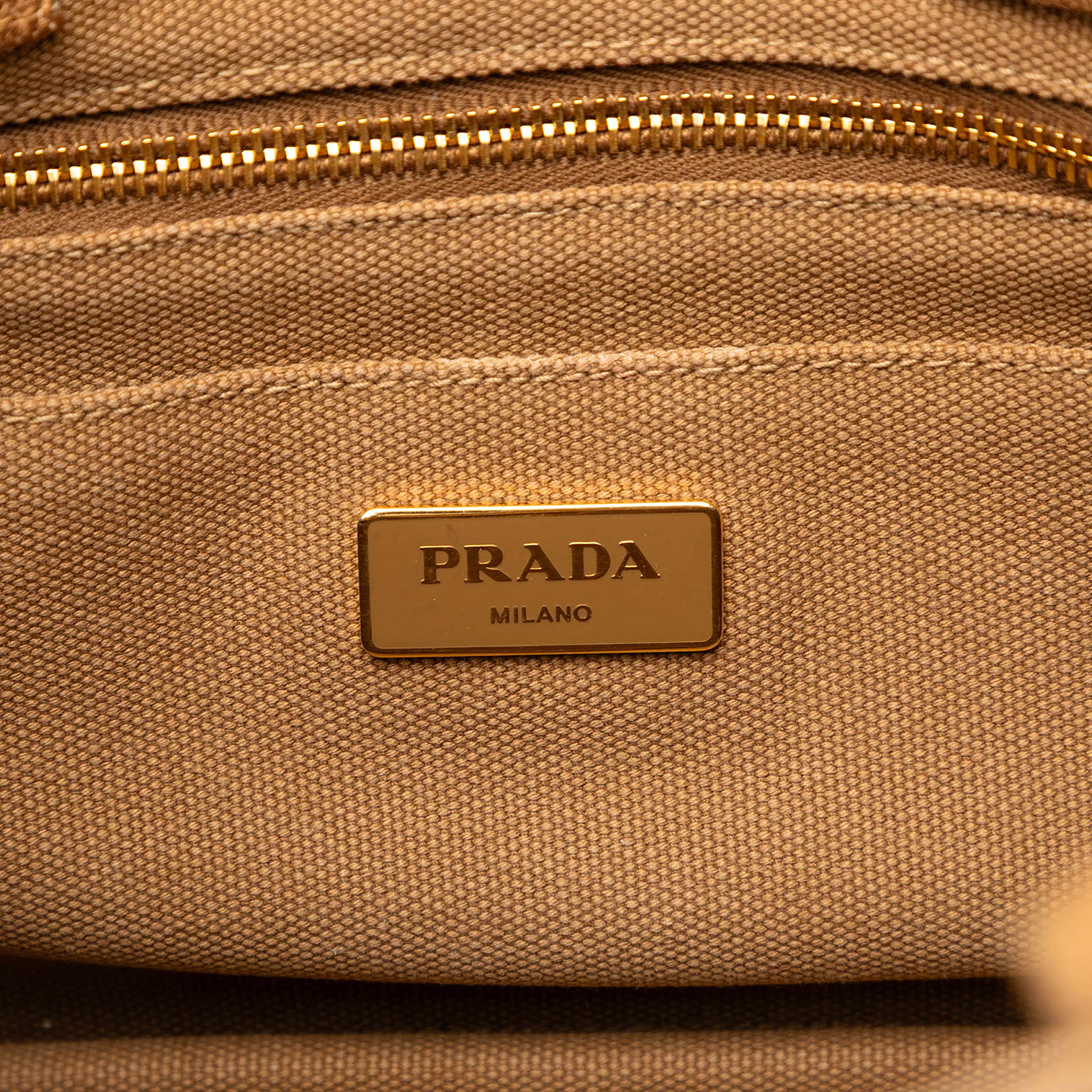 Prada Small Canvas Canapa Logo Satchel, från Luxclusif, i färgen light brown. Klicka för att öppna bilden i stort format