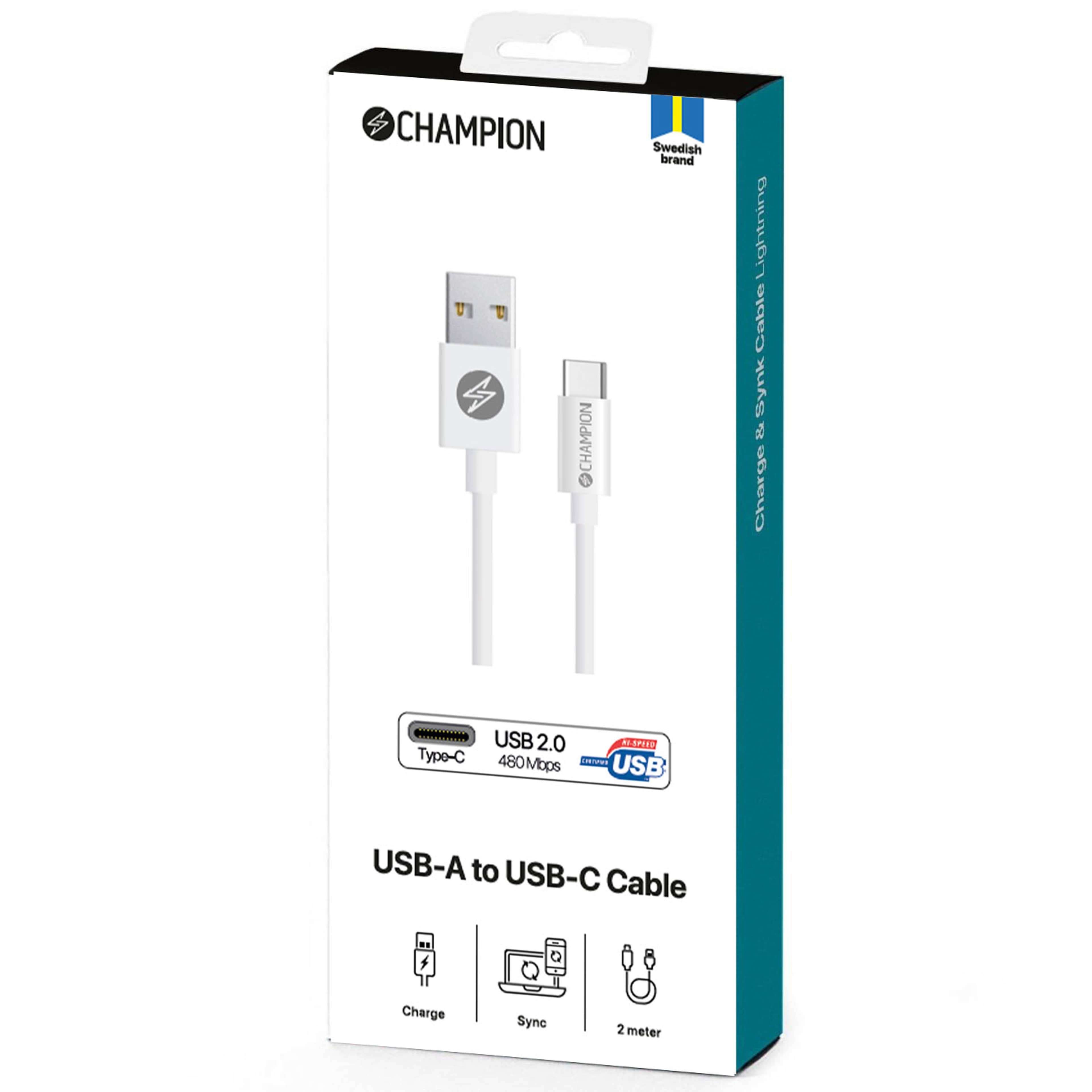 Usb-a Till Usb-c Kabel 2m, från Champion Nordic, i färgen vit. Klicka för att öppna bilden i stort format