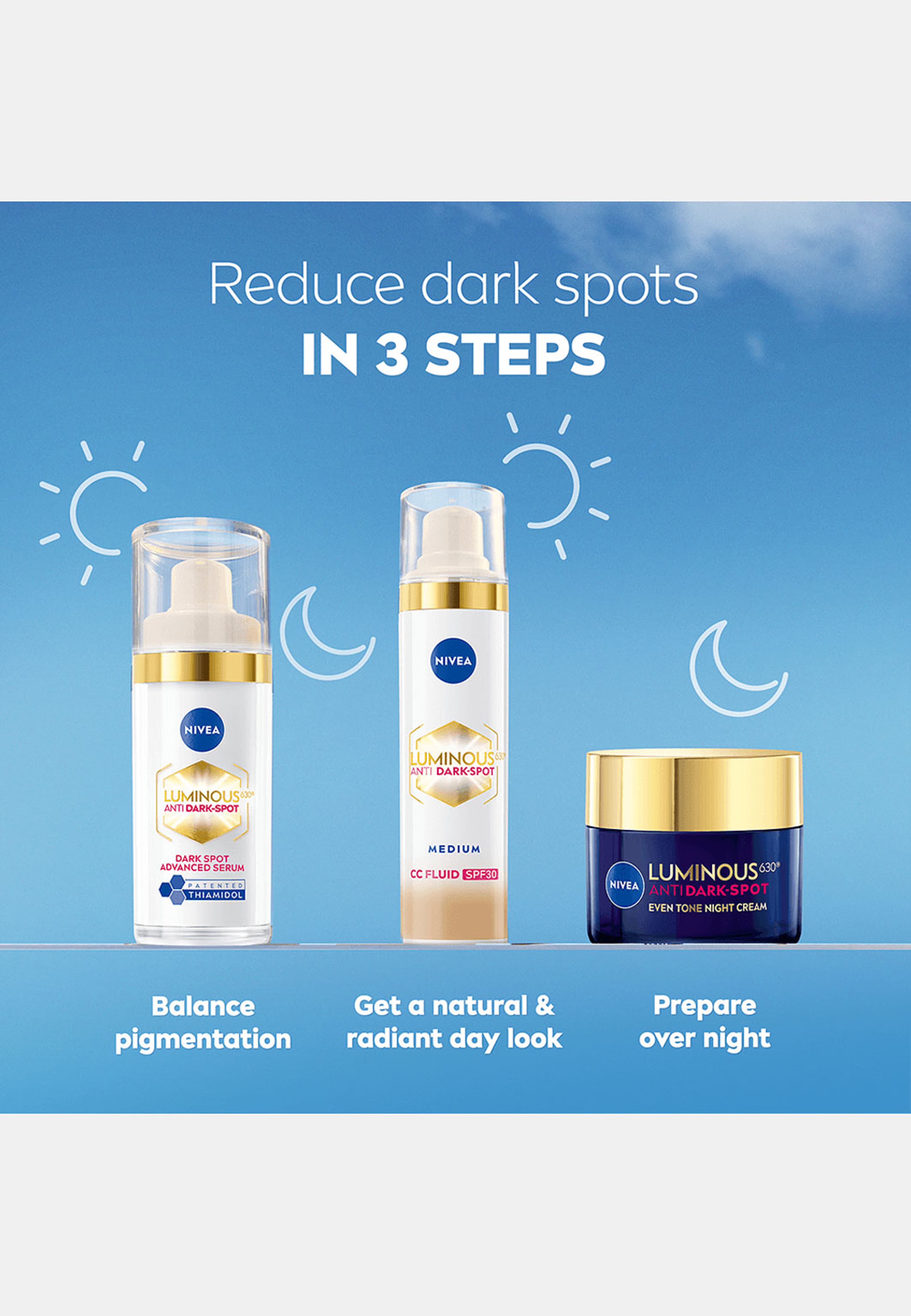 Färgad dagkräm Luminous 630 Anti Dark-Spot CC Fluid 3-in-1 Medium SPF30 40 ml NIVEA