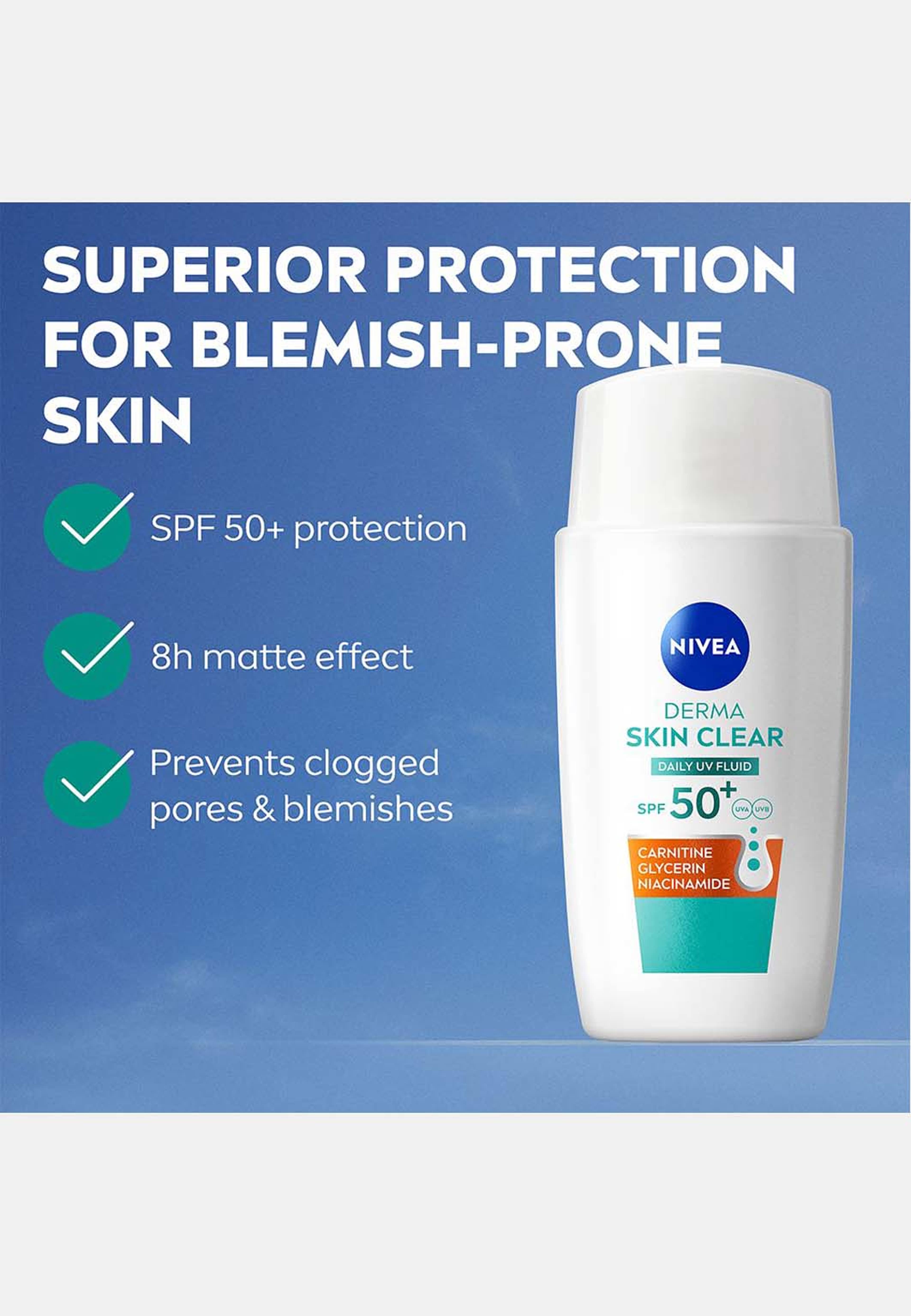 Ansiktskräm Derma Skin Clear Daily UV Fluid SPF50+, från NIVEA. Klicka för att öppna bilden i stort format