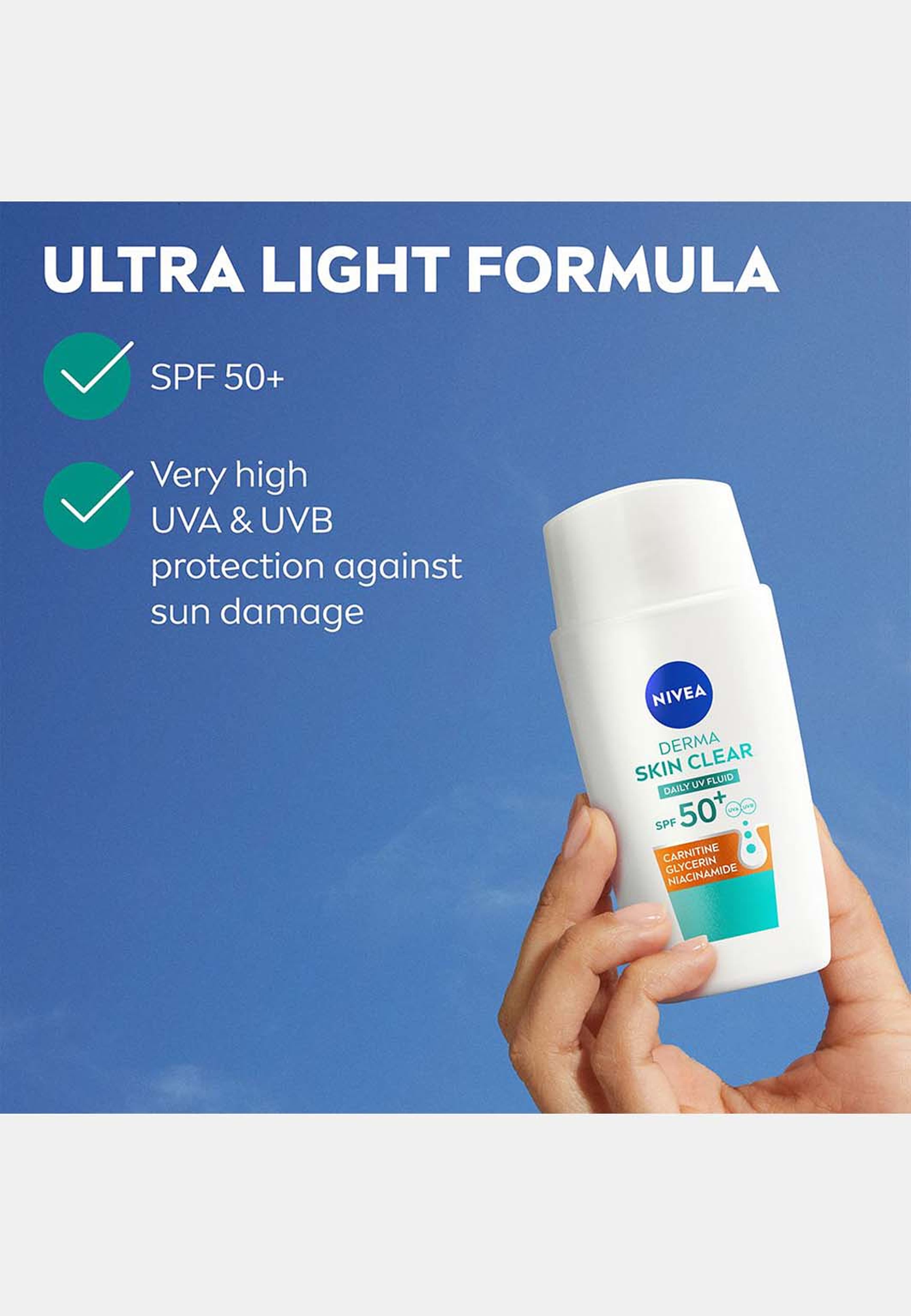 Ansiktskräm Derma Skin Clear Daily UV Fluid SPF50+, från NIVEA. Klicka för att öppna bilden i stort format