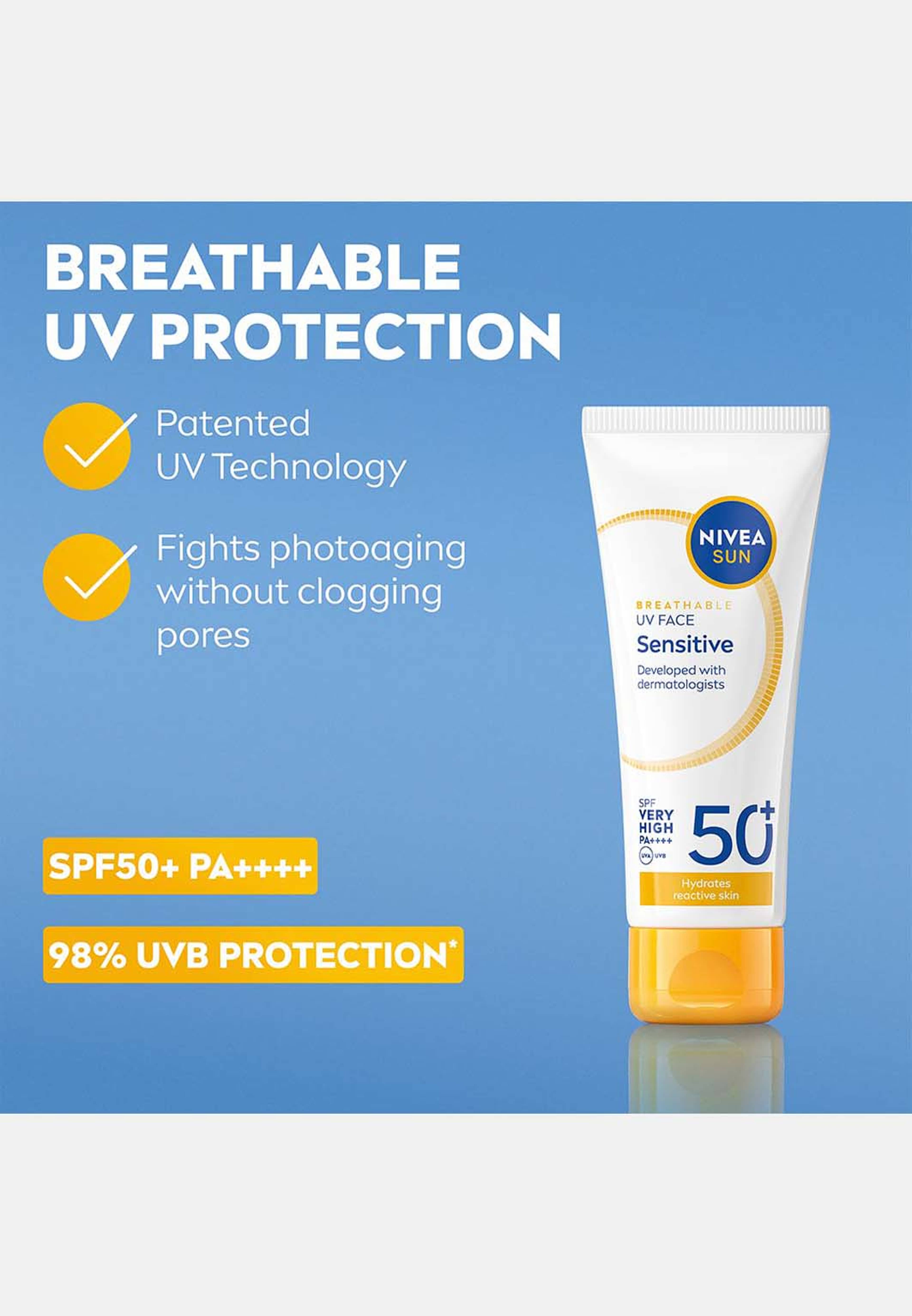 Solskydd ansikte UV Face Sensitive SPF50+, från NIVEA. Klicka för att öppna bilden i stort format