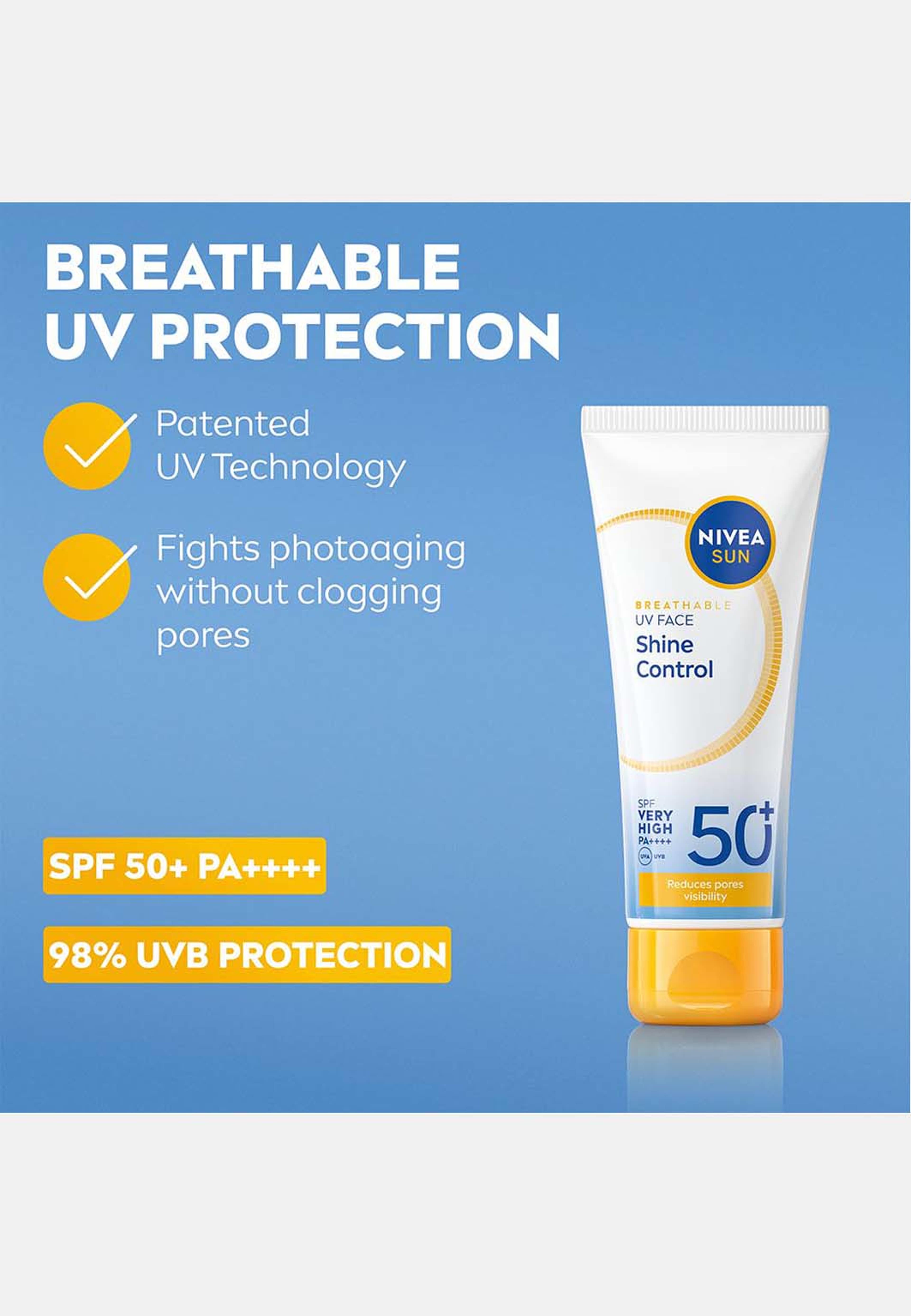 Solskydd ansikte UV Face Shine Control SPF50+, från NIVEA. Klicka för att öppna bilden i stort format