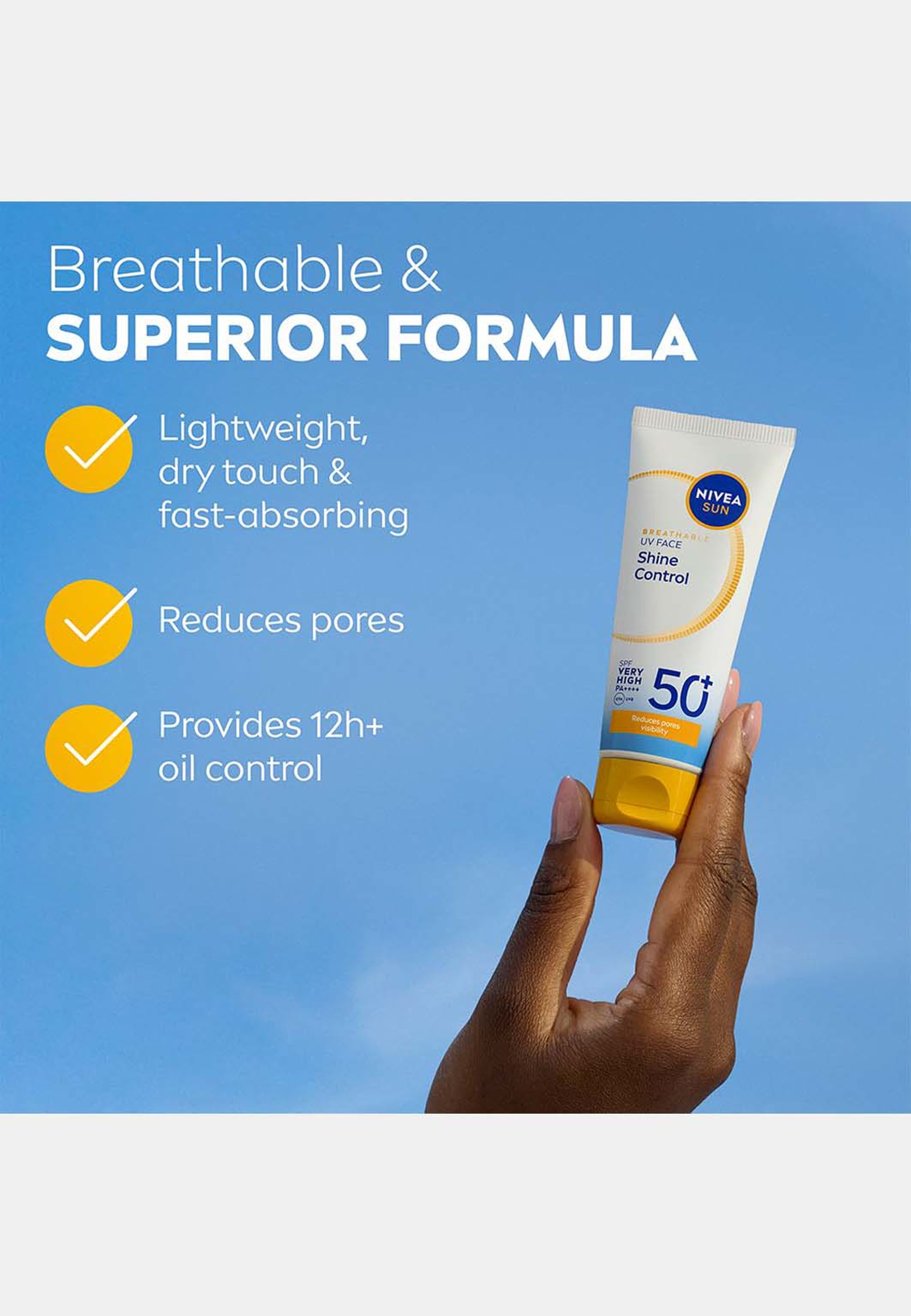 Solskydd ansikte UV Face Shine Control SPF50+, från NIVEA. Klicka för att öppna bilden i stort format