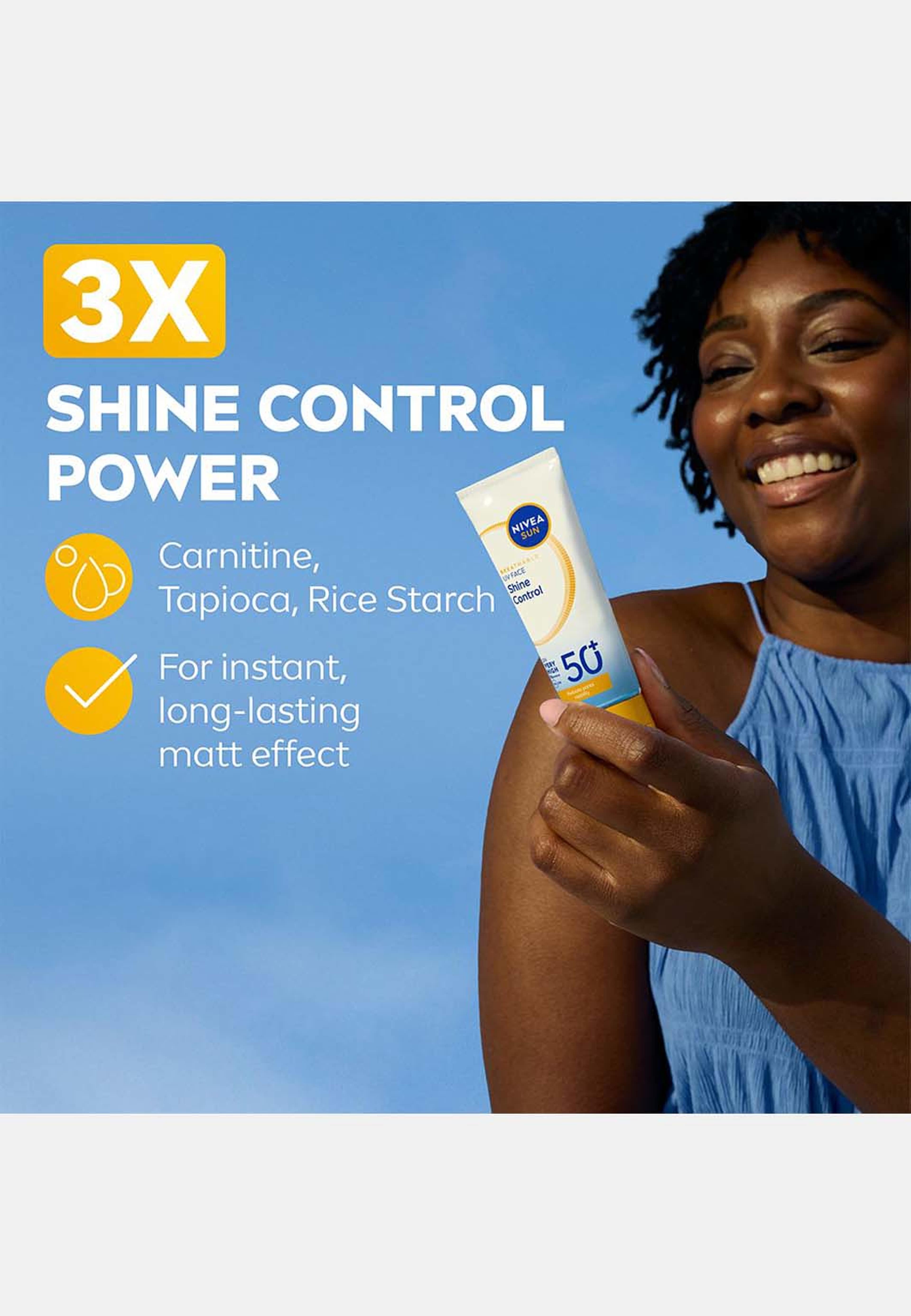 Solskydd ansikte UV Face Shine Control SPF50+, från NIVEA. Klicka för att öppna bilden i stort format
