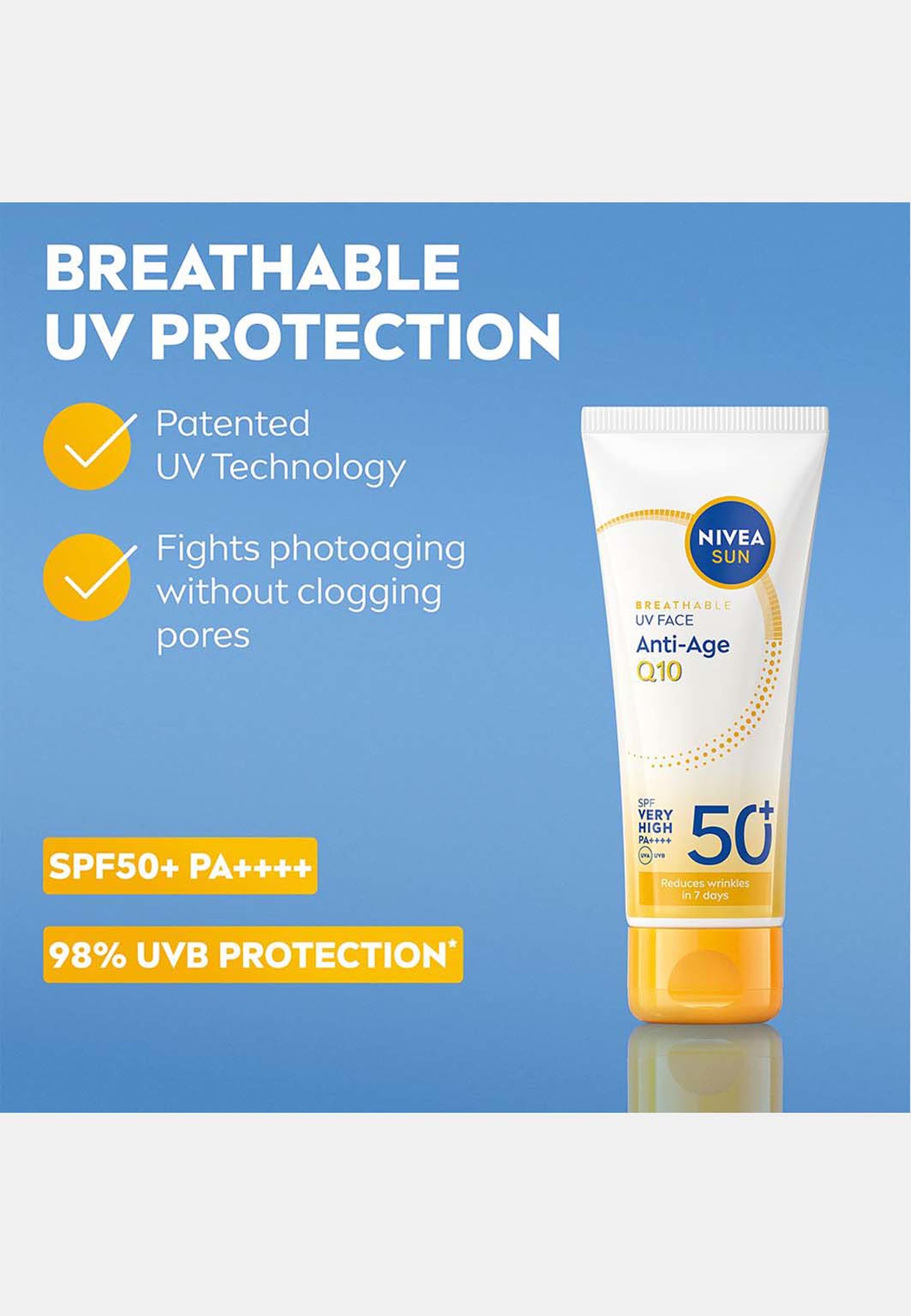 Solskydd ansikte UV Face Anti-Age Q10 SPF50+, från NIVEA. Klicka för att öppna bilden i stort format