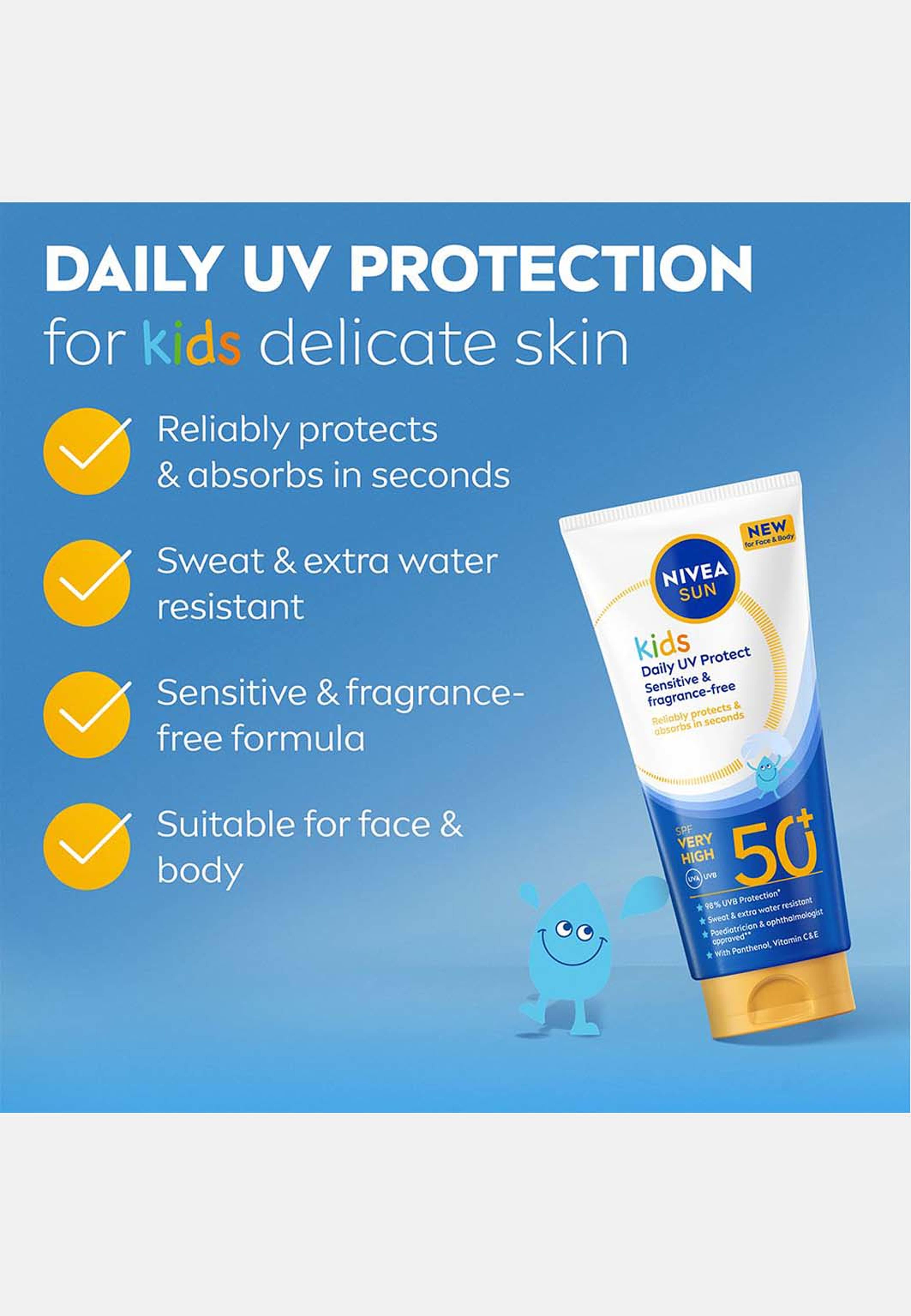 Solskydd Kids Daily UV Protect SPF50+, från NIVEA. Klicka för att öppna bilden i stort format